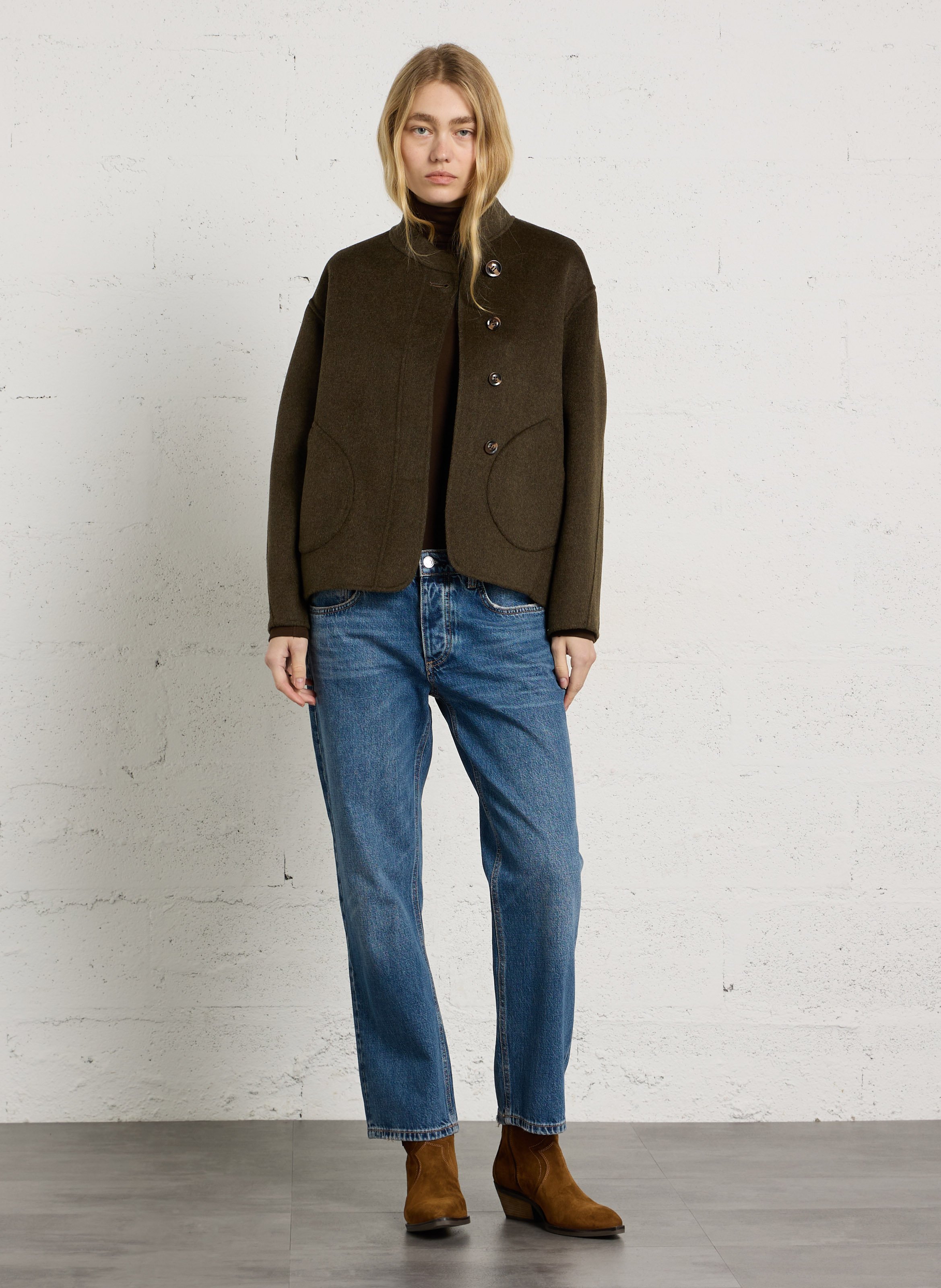 Manteau col rond en laine mélangée  SOEUR Kaki
