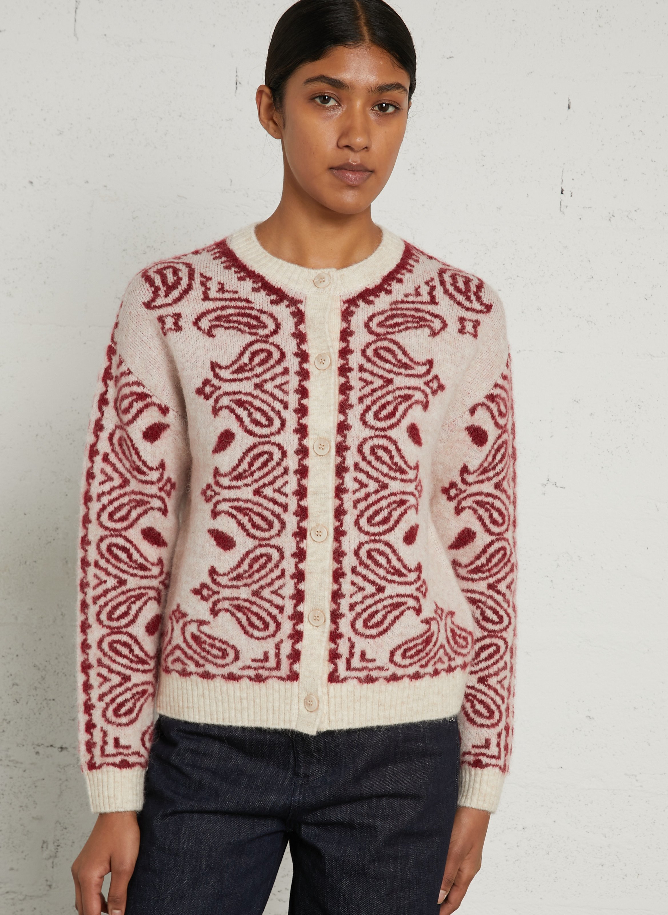 Gerade geschnittene Strickjacke mit Rundhalsausschnitt und Print SUD EXPRESS Weiss