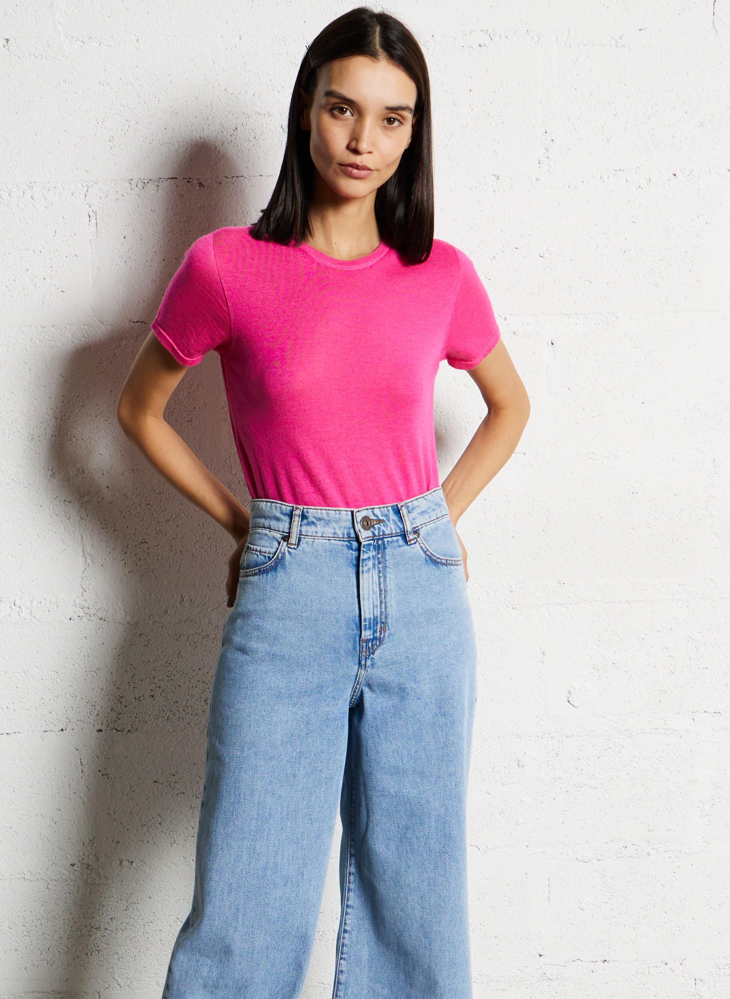 Pull manches courtes en cachemire Rose