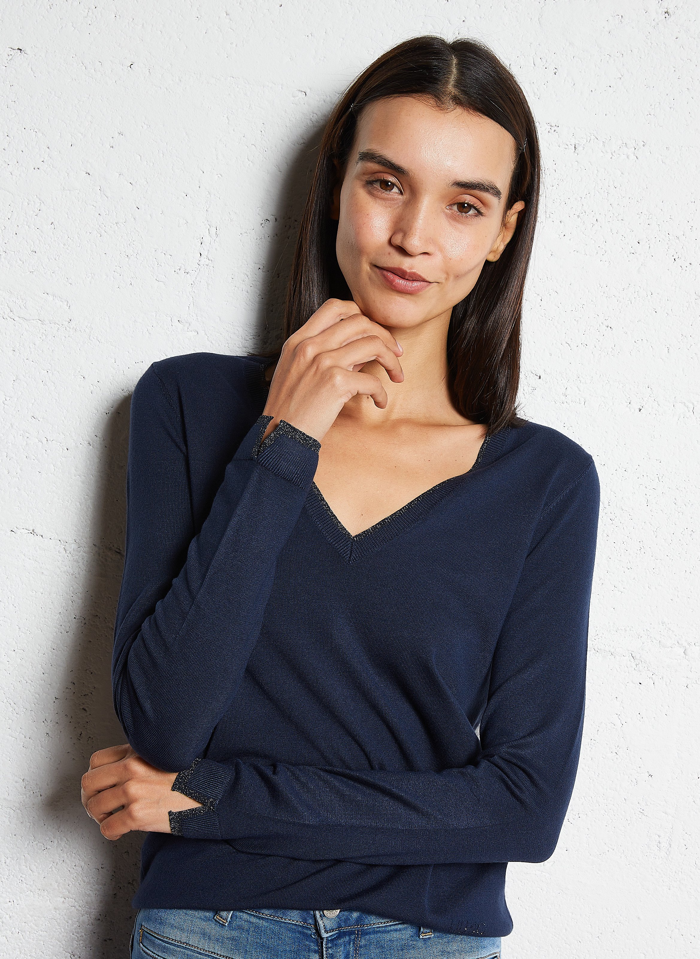 Pull col v à liseré pailleté LIU JO Bleu