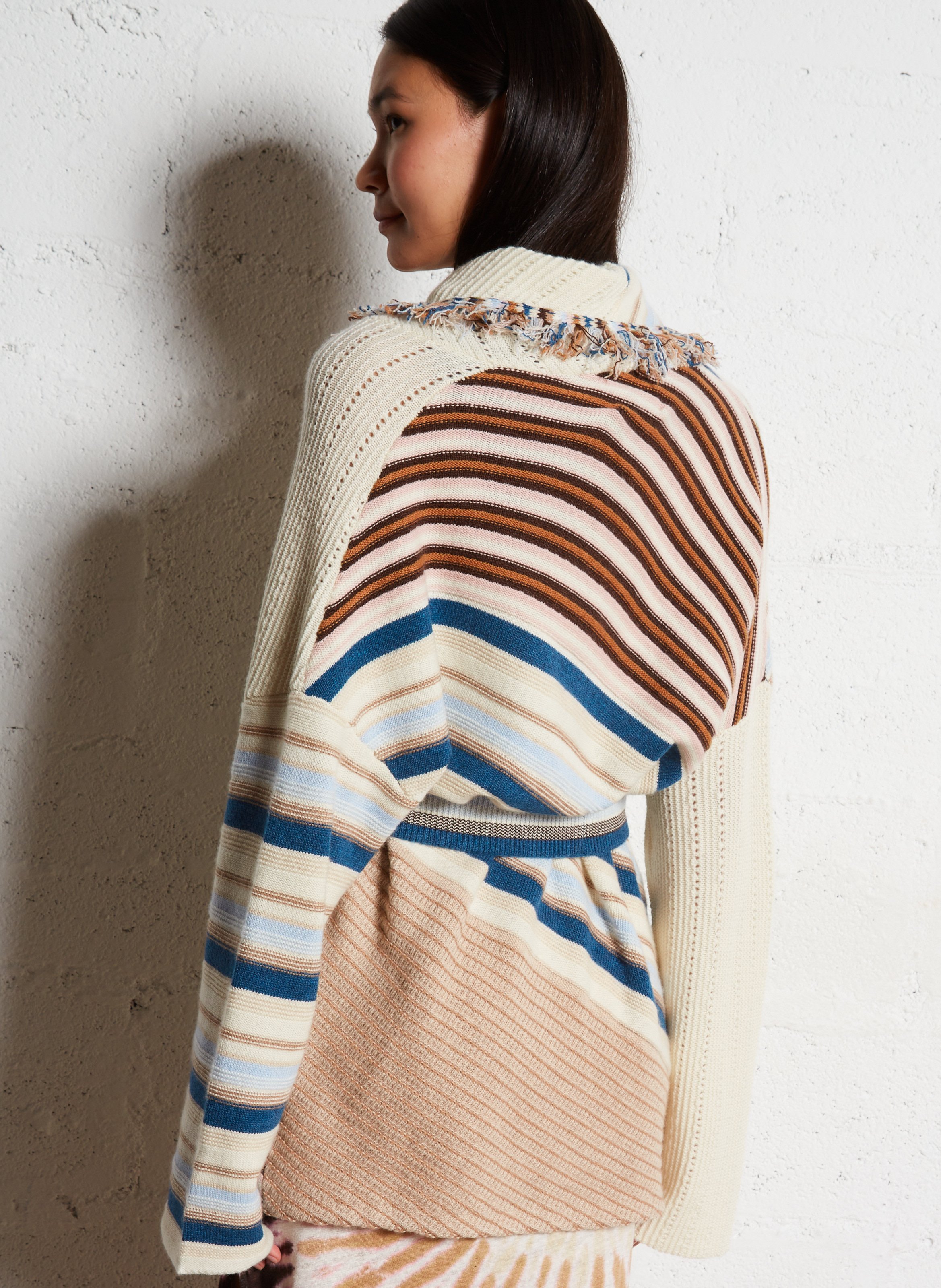 Veste ceinturée à rayures en cachemire Blanc