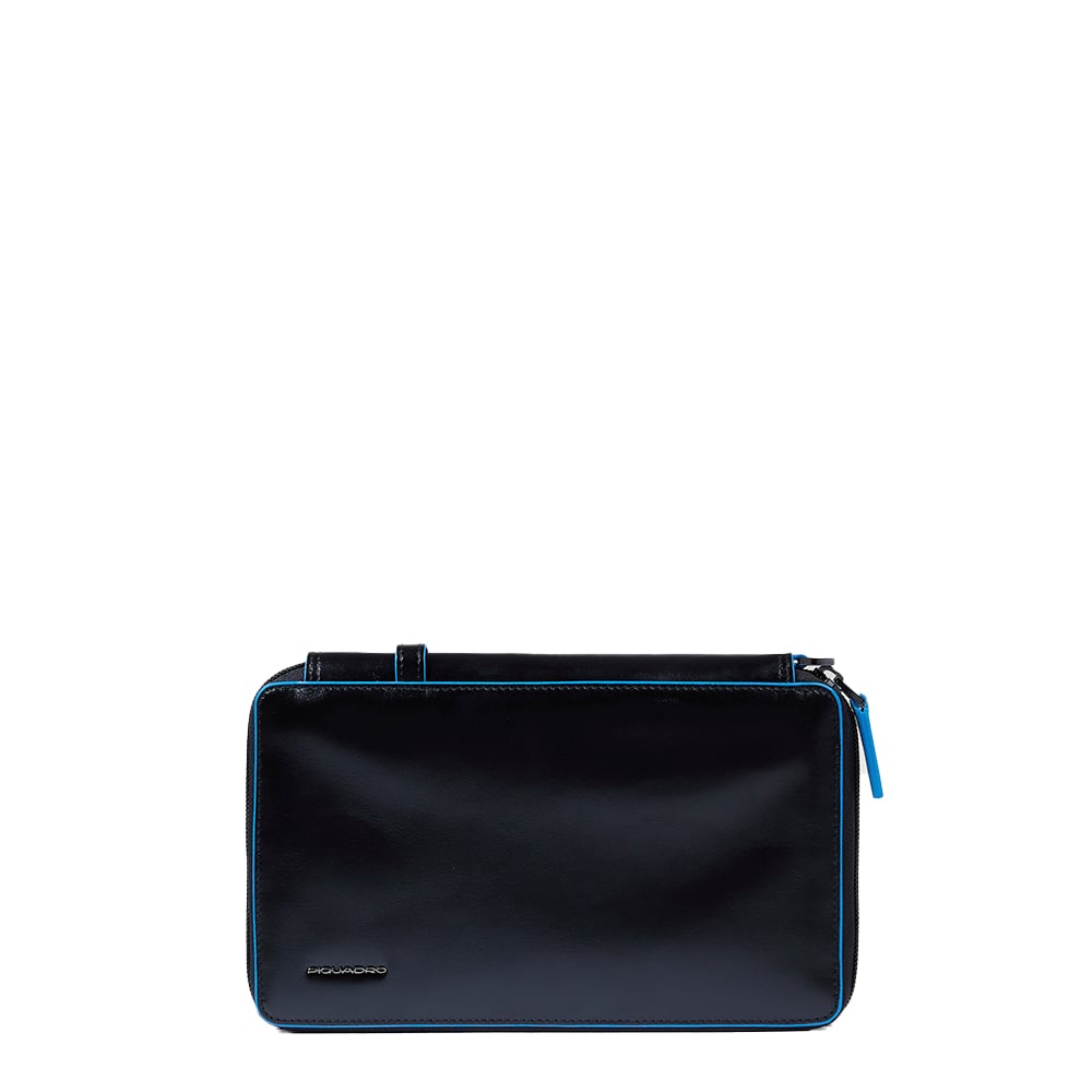 Zippered travel document holder with credit card slots, pen loop, and removable section. PIQUADRO Black