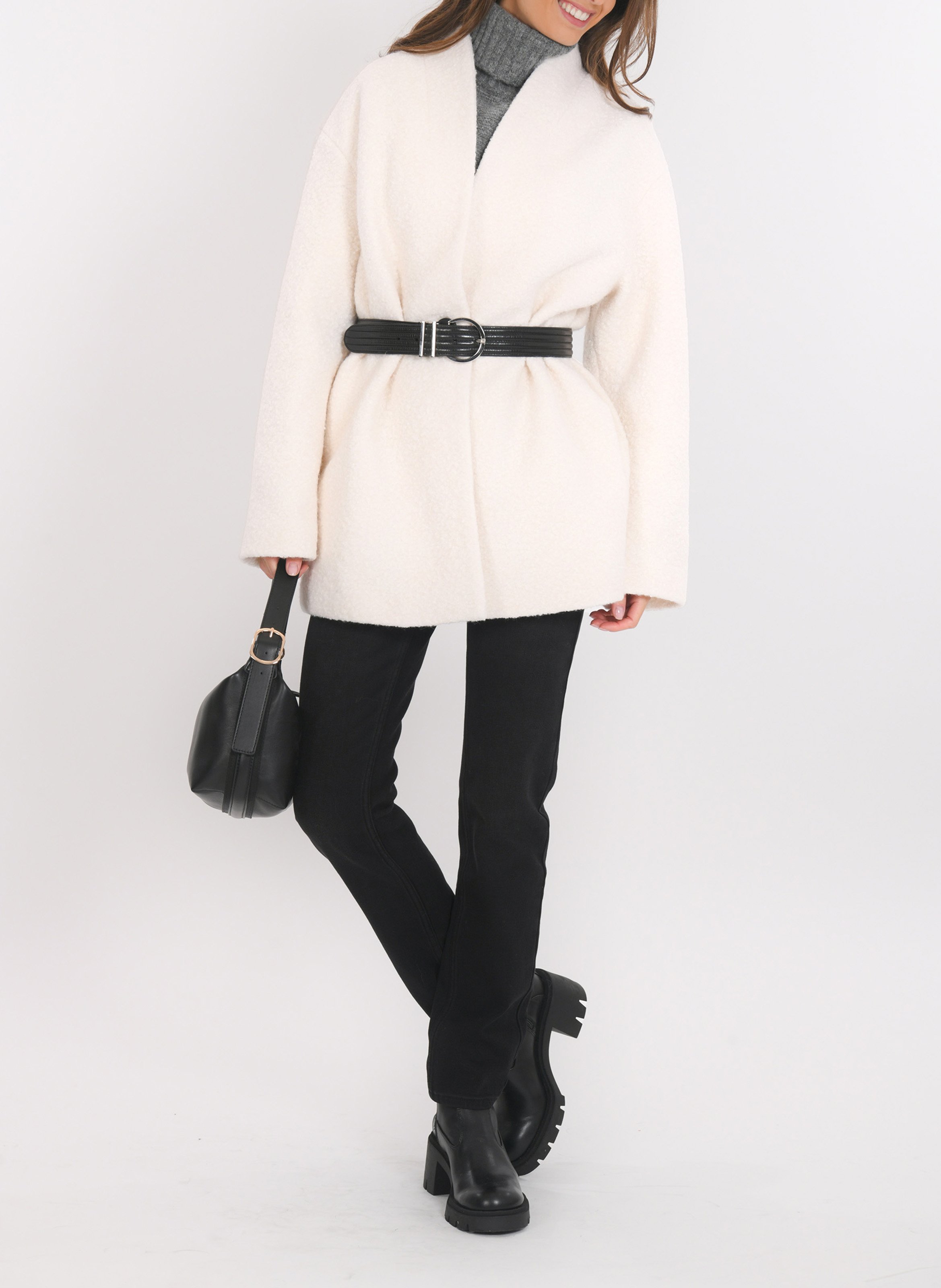 Manteau col v en laine mélangée KOOKAI Beige