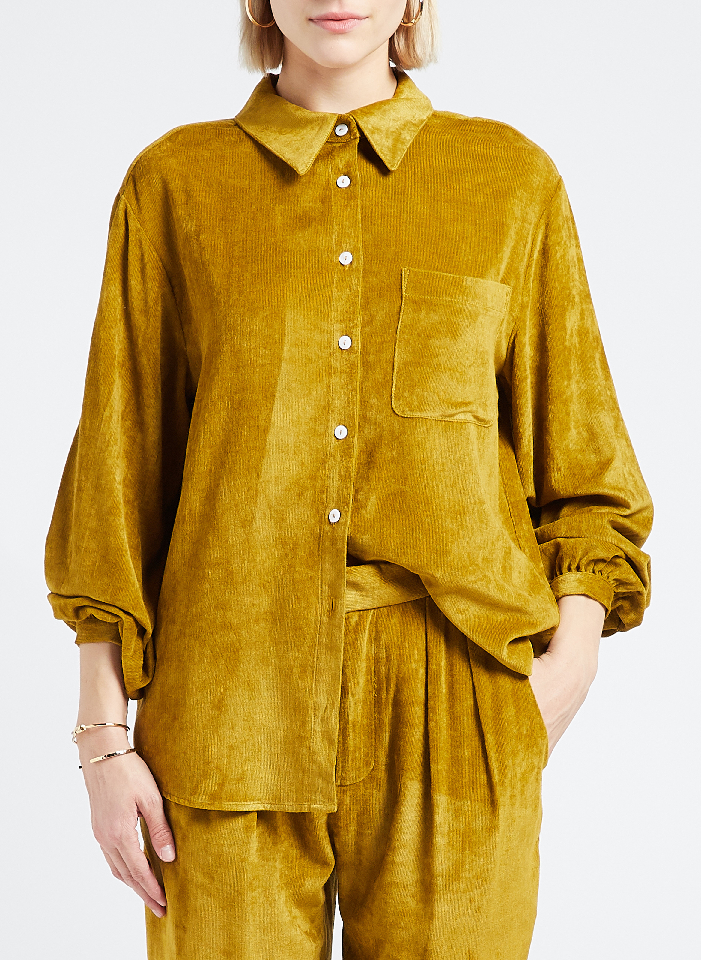 Chemise droite col classique en velours THE NEW SOCIETY Vert