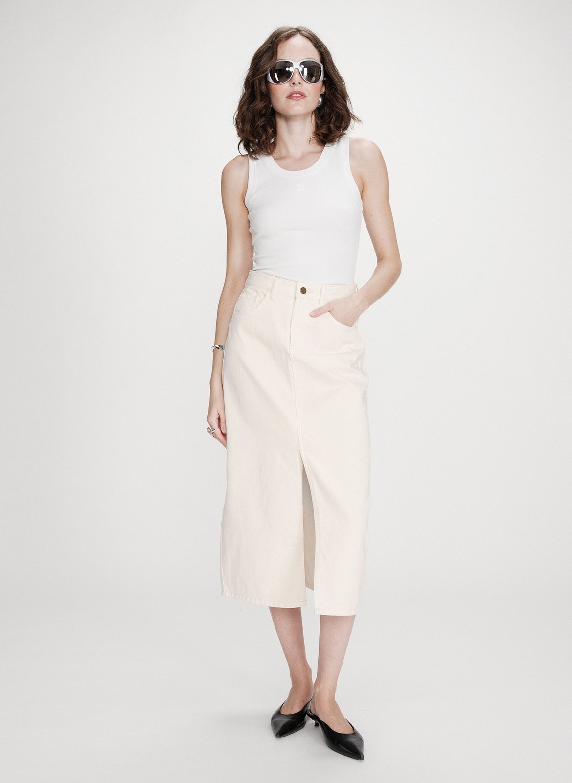 Slit midi denim skirt in plain color GRACE ET MILA White