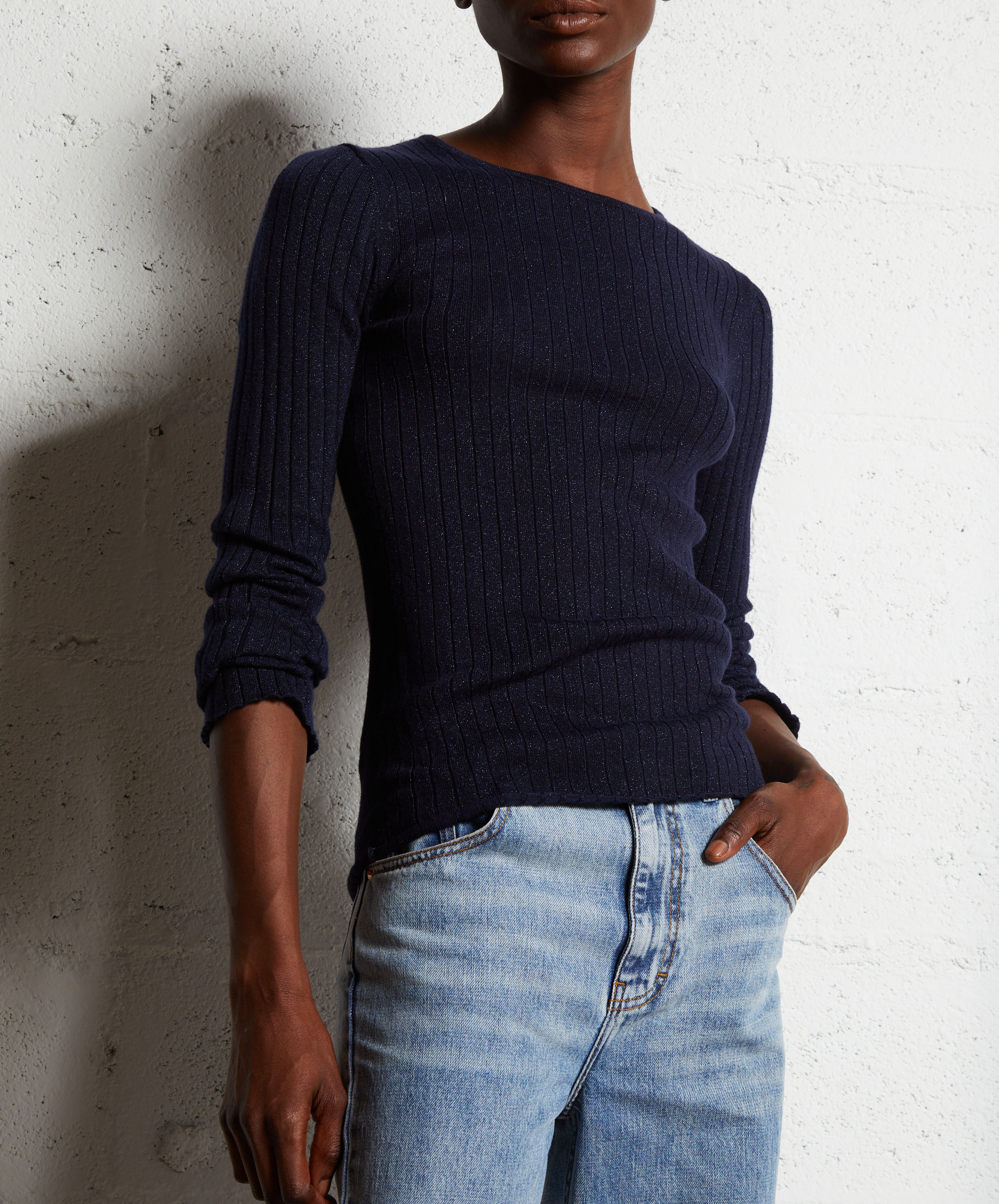 Fitted round neck sweater in metallic knit MAJESTIC FILATURES Blue