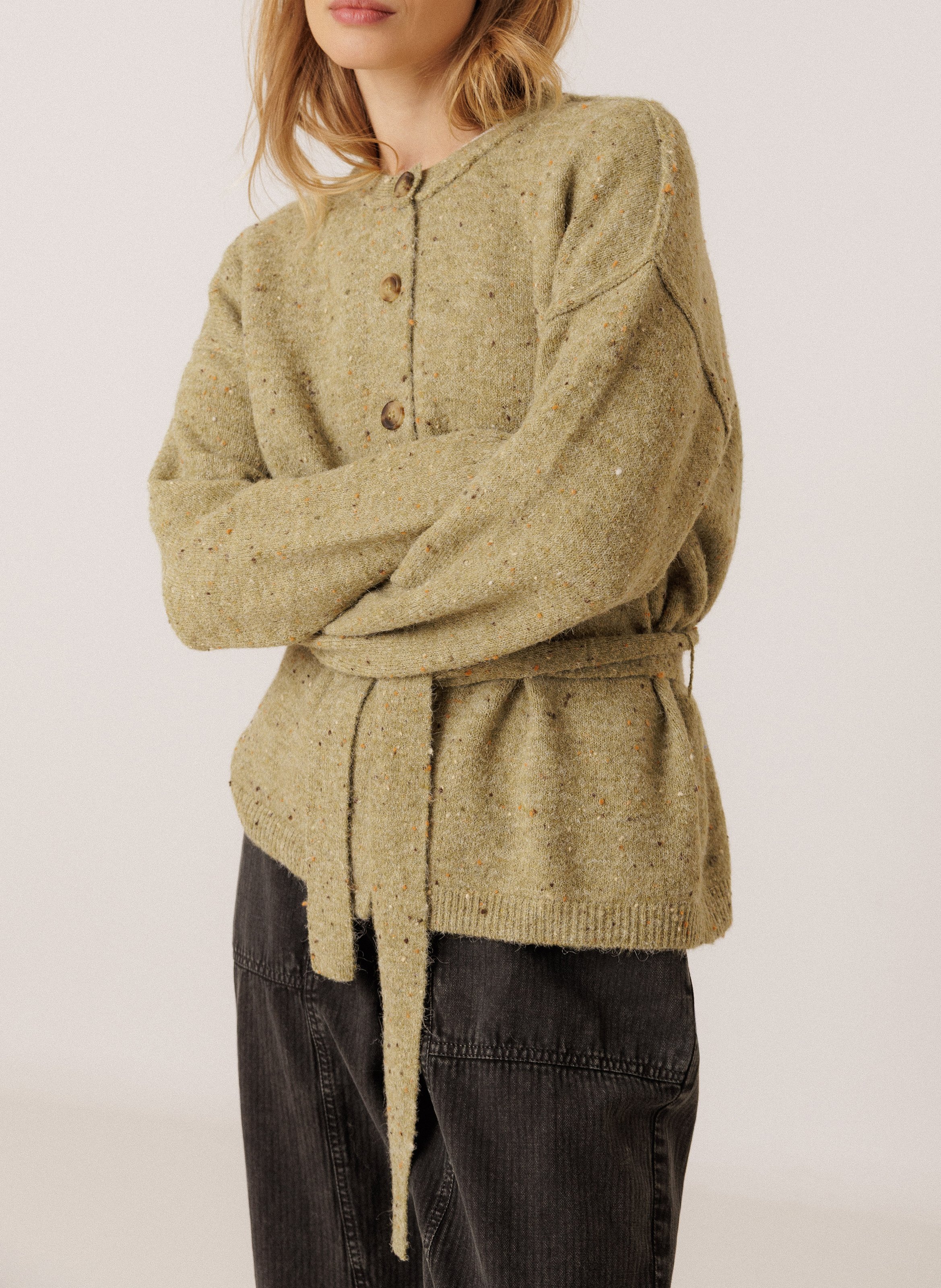 Gilet col rond ceinturé INDI & COLD Vert
