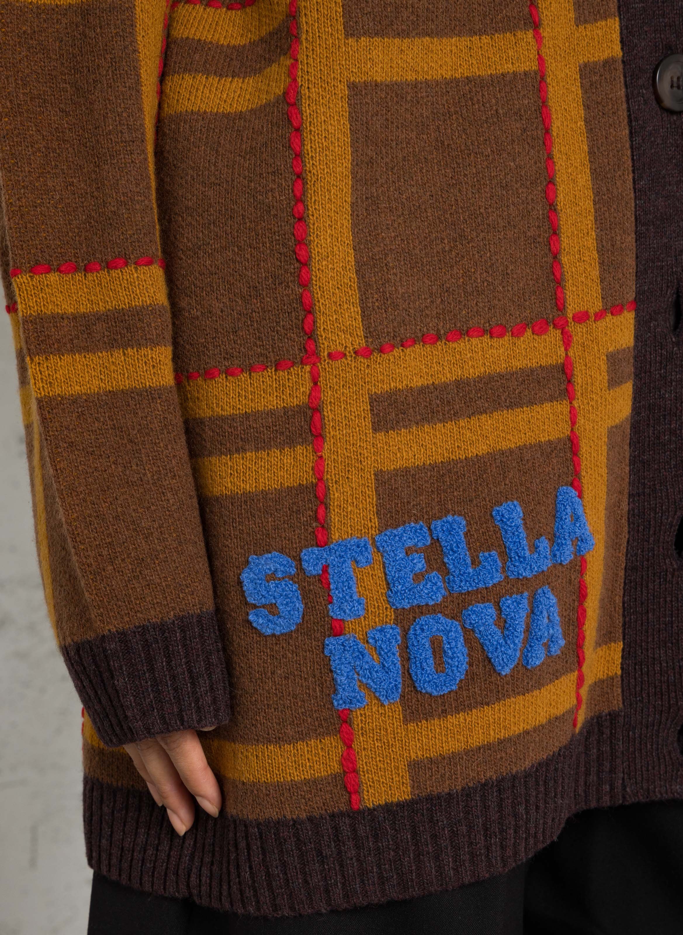Cardigan oversize col v brodé en laine mélangée STELLA NOVA Marron
