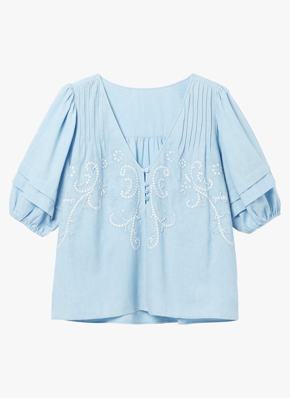 Blue Cotton and linen blend straight V neck blouse