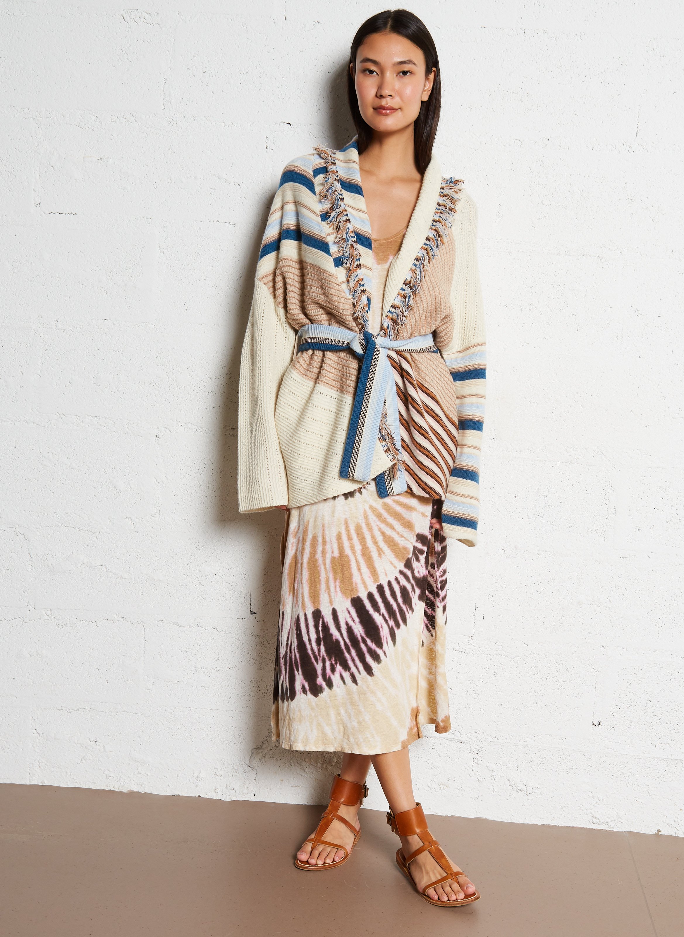 Veste ceinturée à rayures en cachemire Blanc