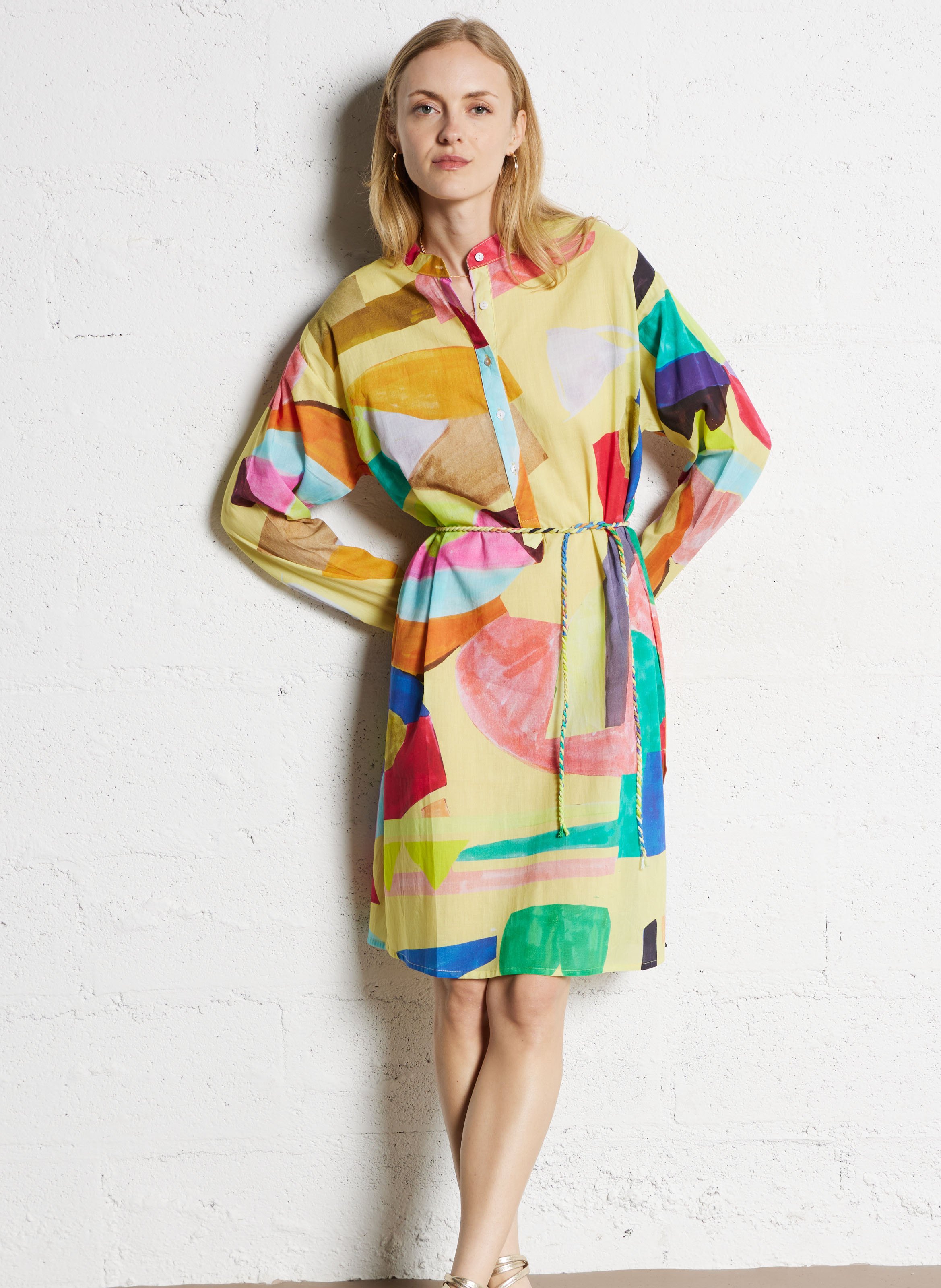 Weites Baumwollkleid mit Mao-Kragen G.KERO Gelb