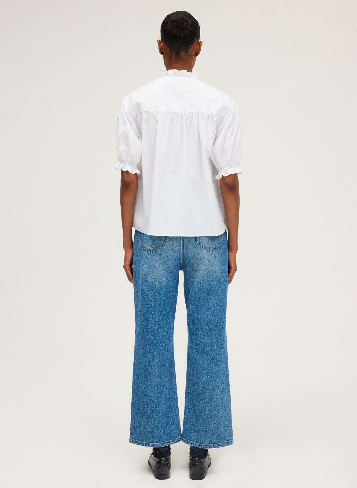 Blouse col V à volants unie en coton PABLO Blanc