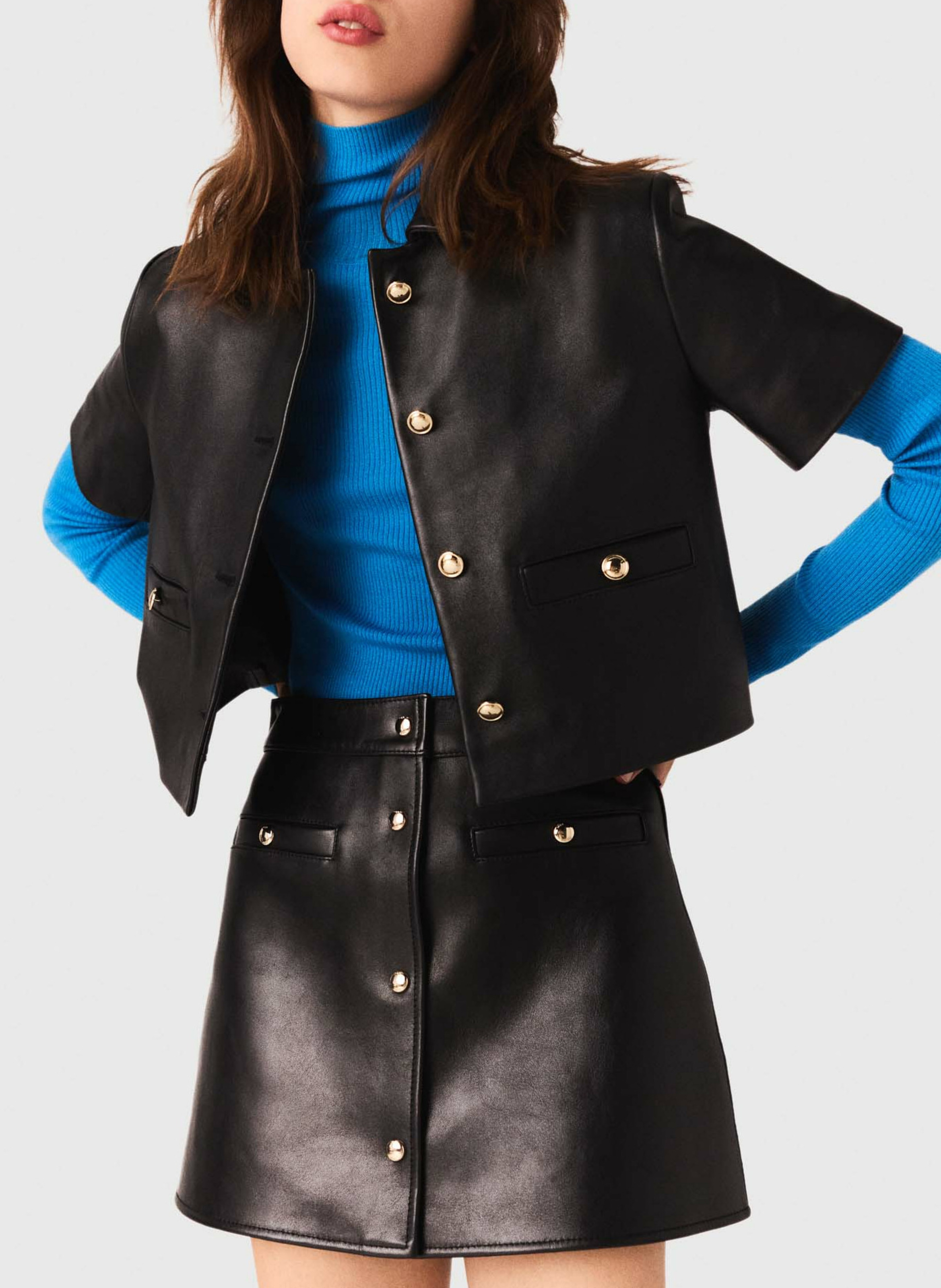 Veste droite en cuir MAJE Noir