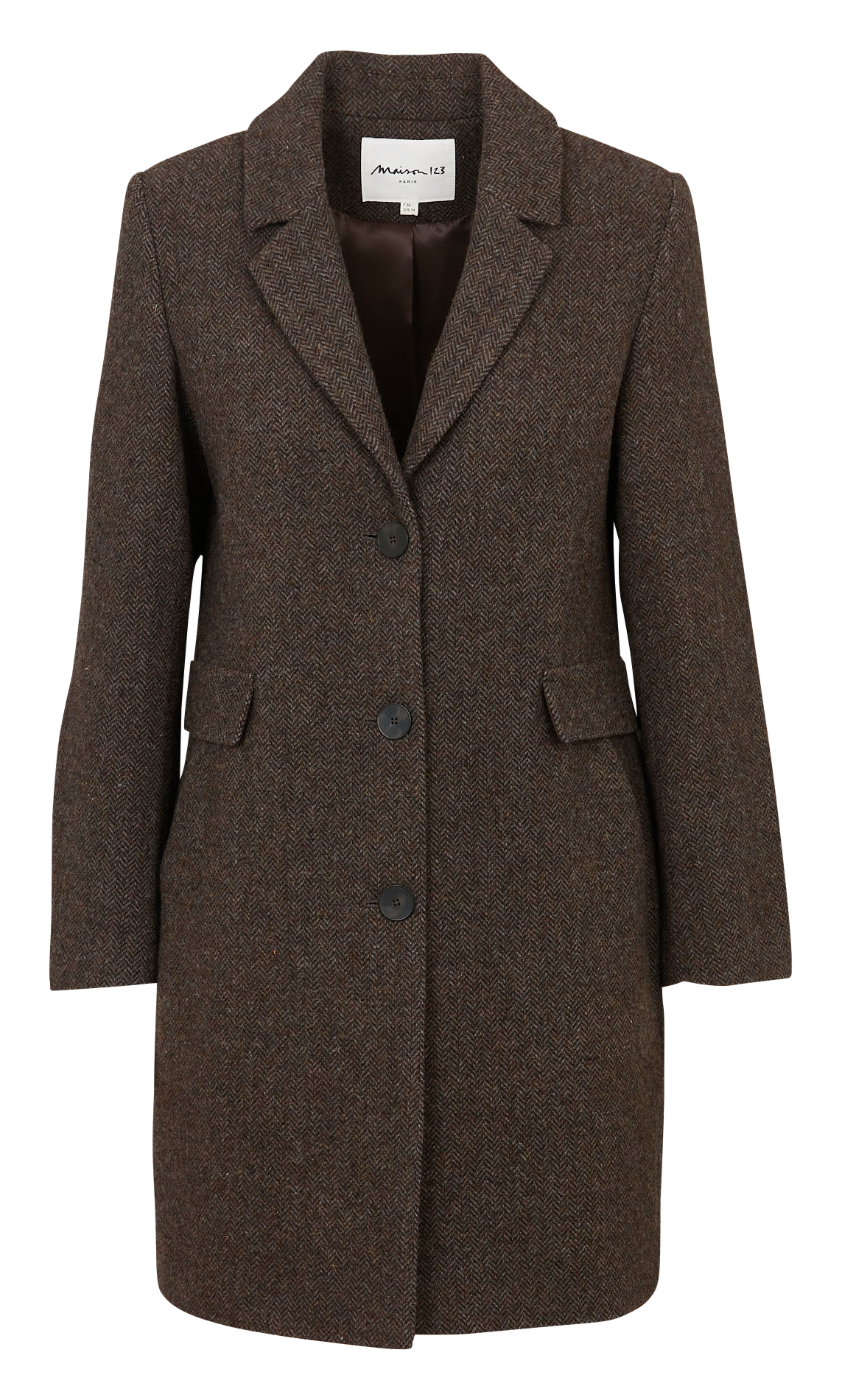 Mid-length herringbone wool blend coat MAISON 123 Brown