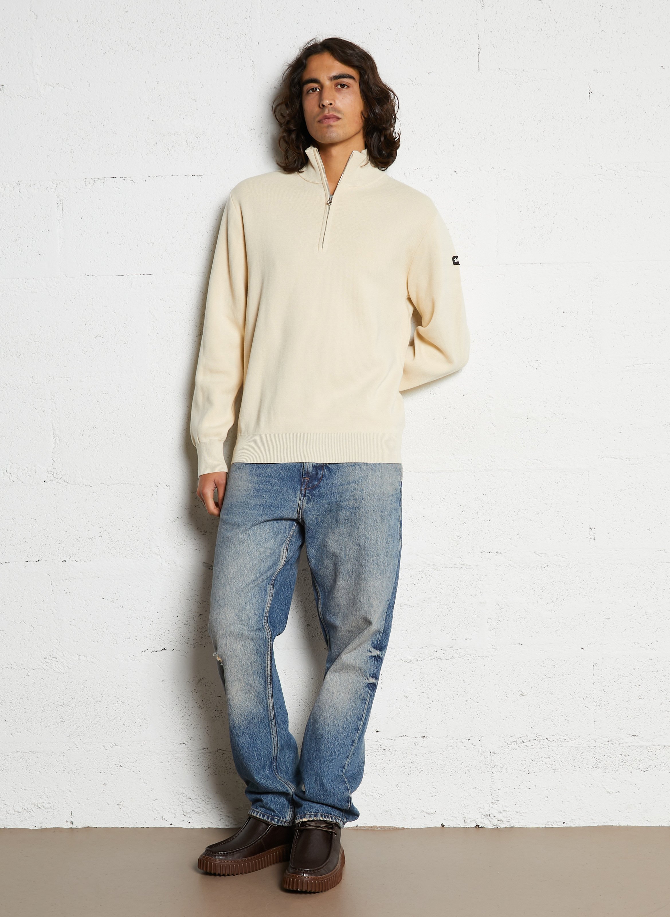 Straight cotton sweater with zip-up high neck SCHOTT White