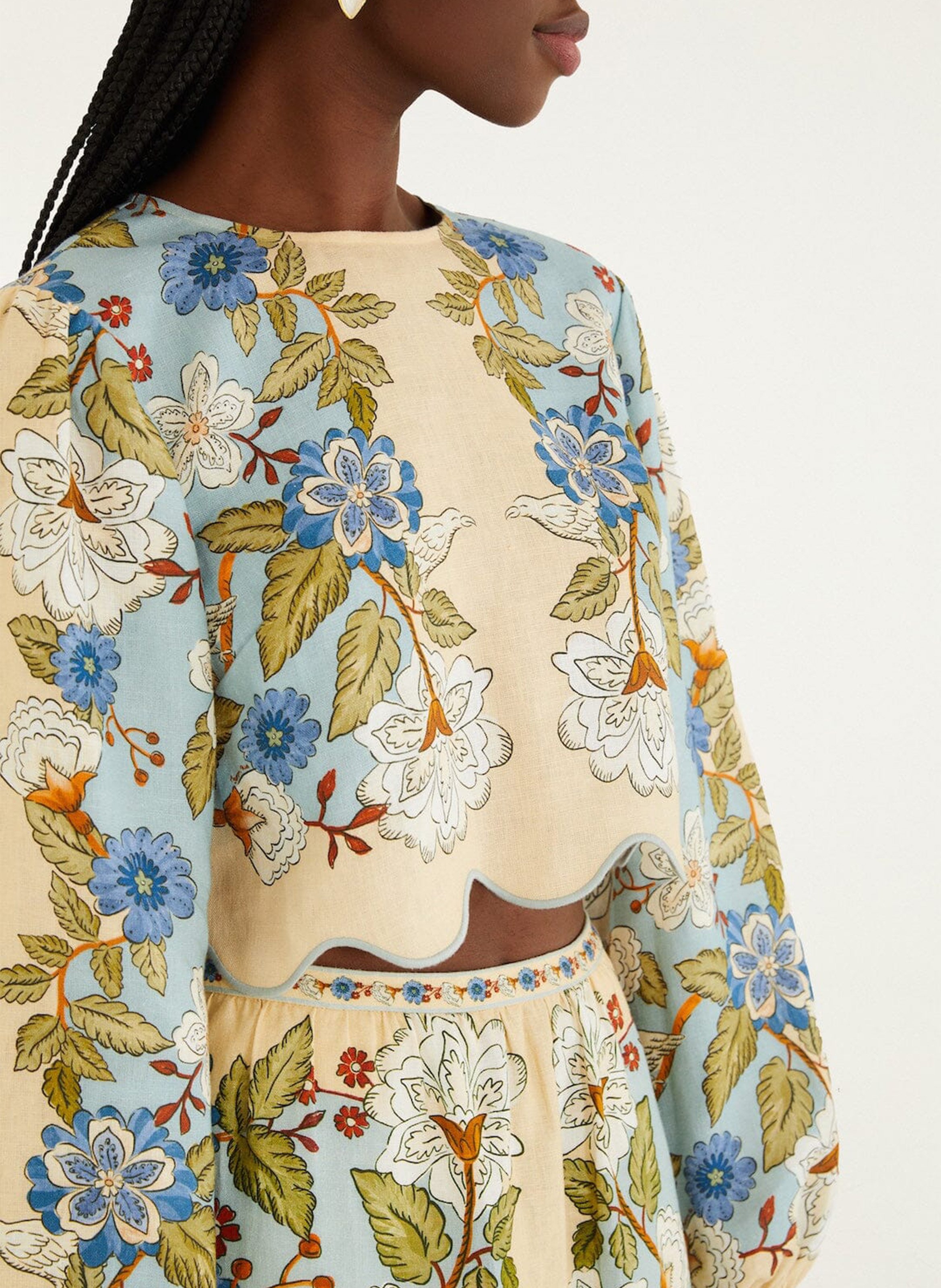 Top droit col rond en lin imprimé FARM RIO Bleu