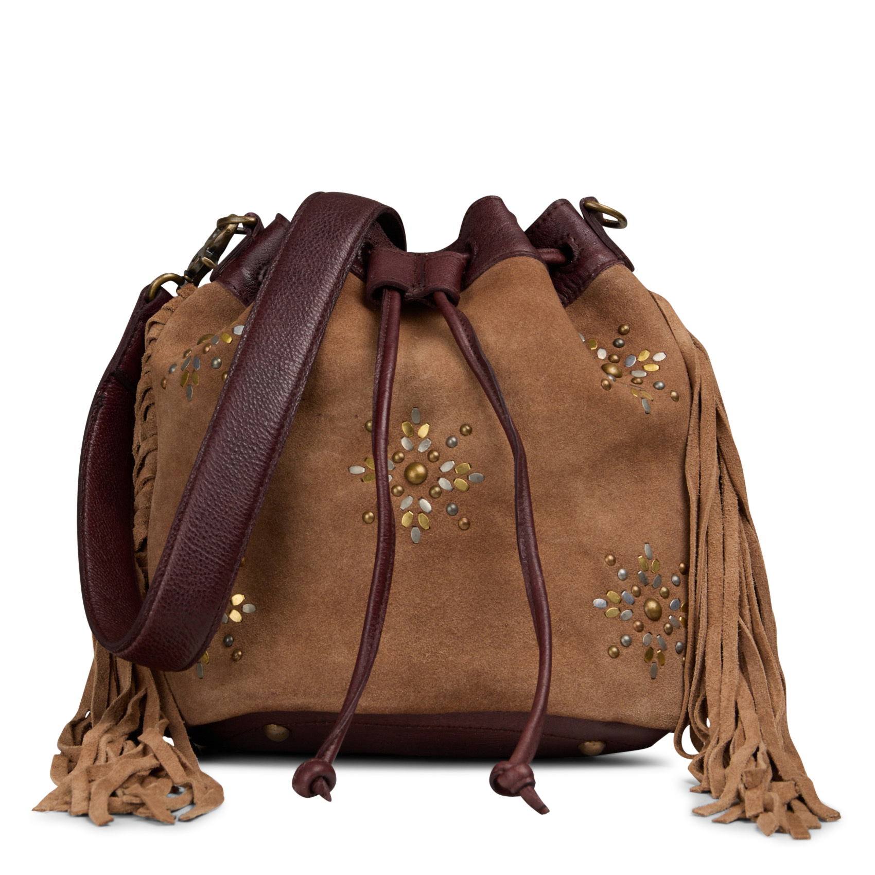 Leren schoudertas met franje MKT Bruin