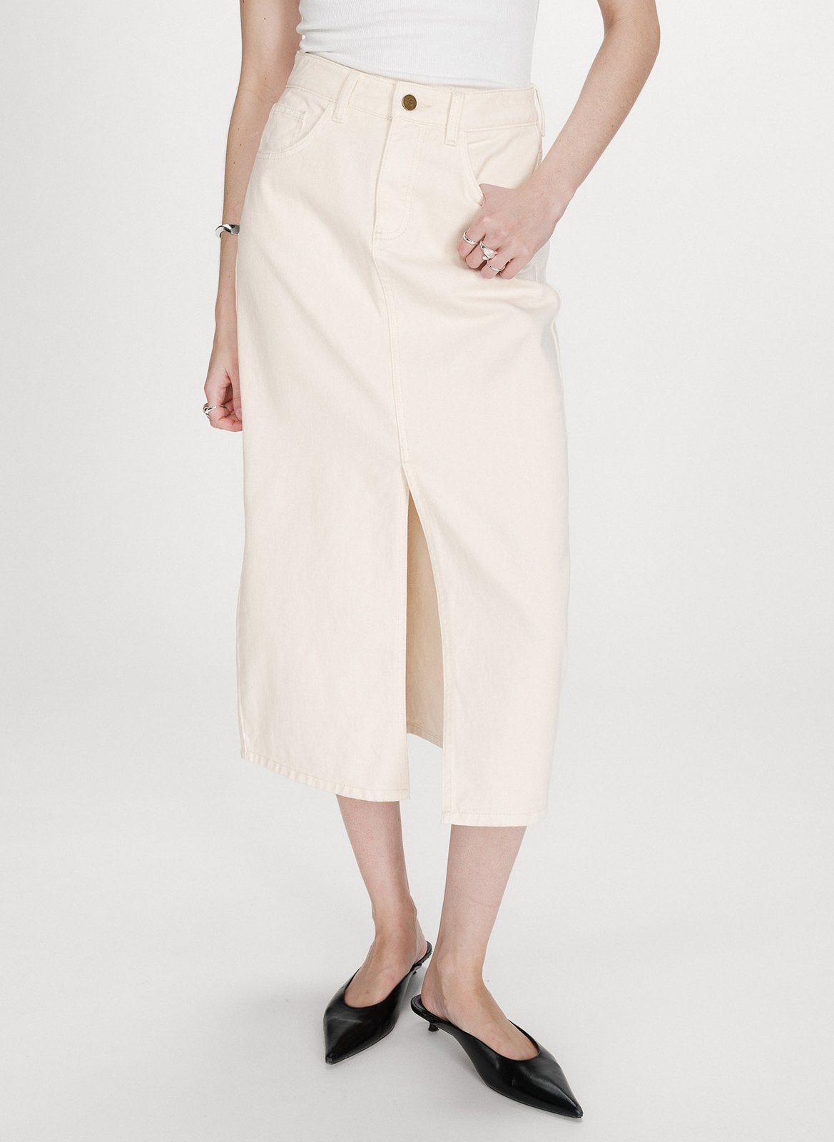 Jupe midi fendue en denim uni GRACE ET MILA