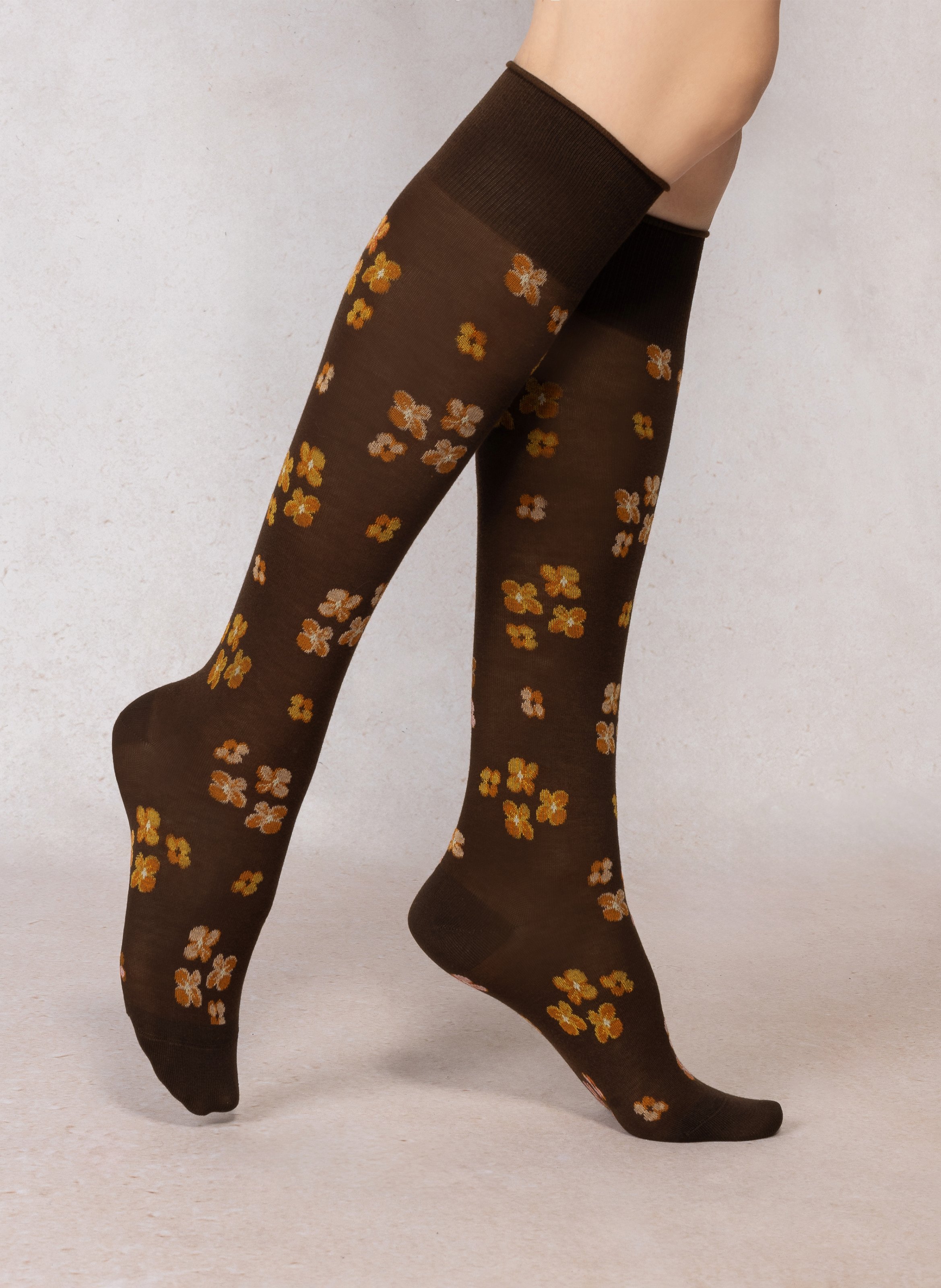 Mi-bas imprimé floral en coton mélangé BLEUFORET Marron