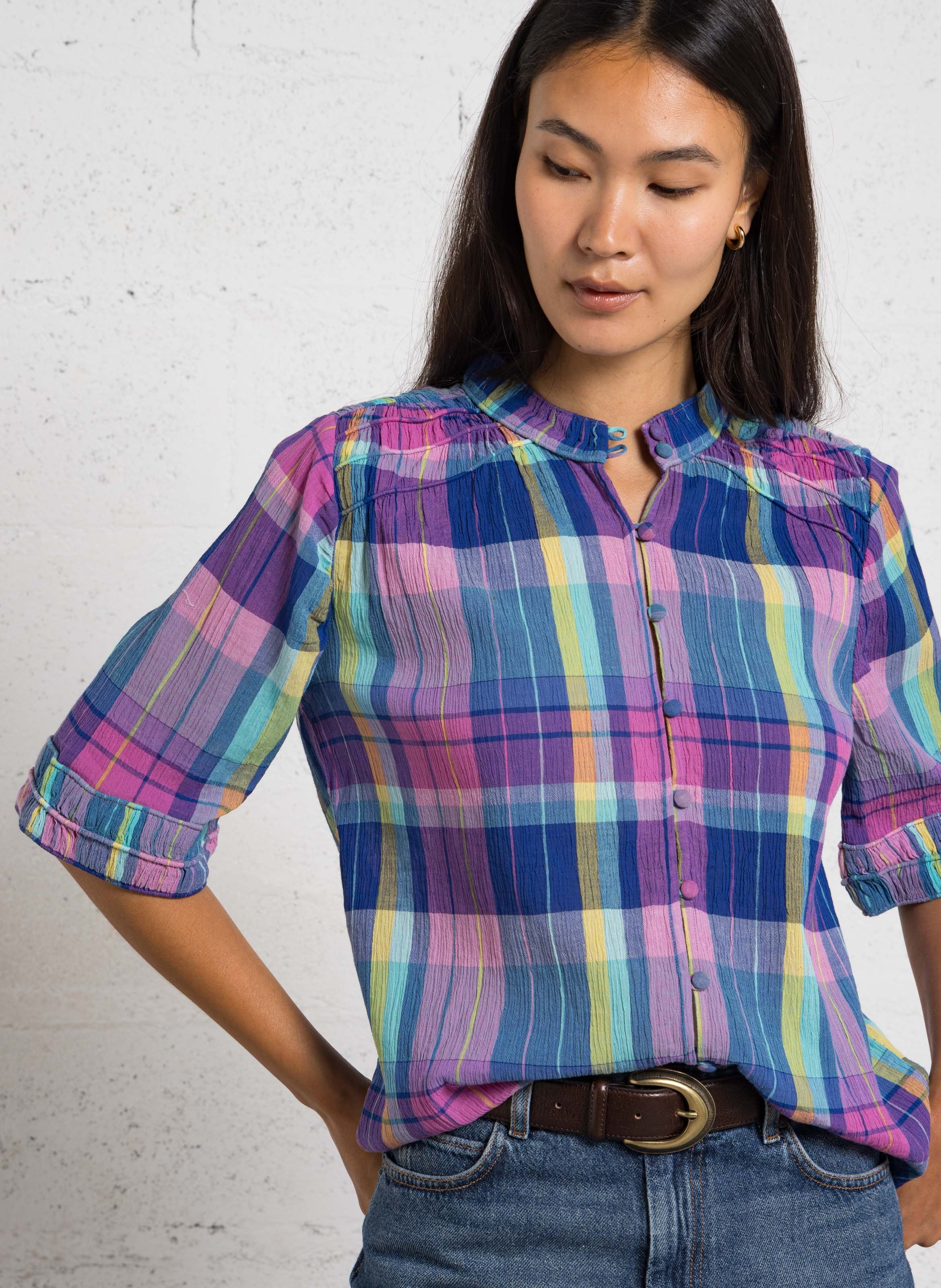 Chemise droite col rond en coton imprimé MAISON 123 Bleu