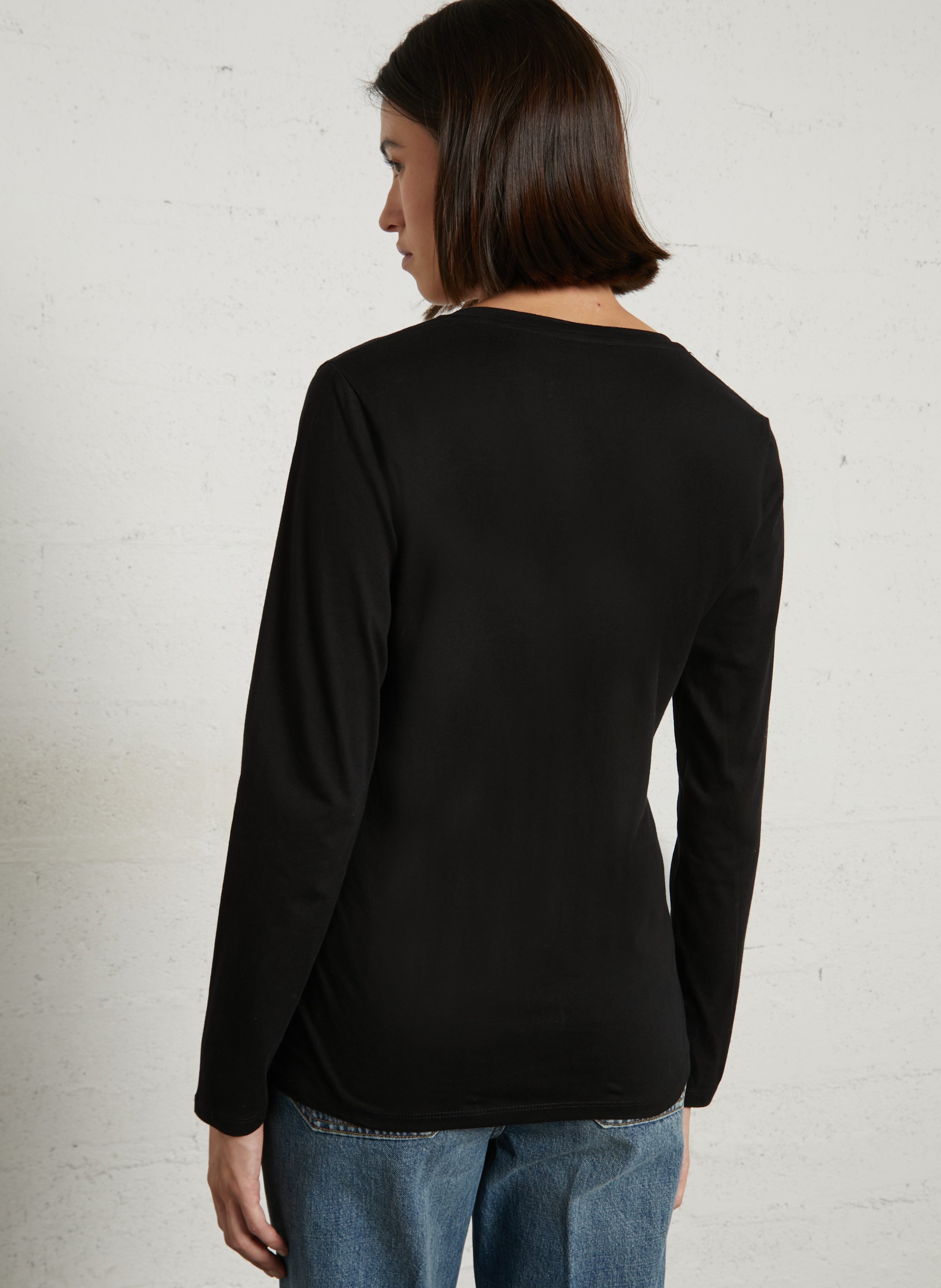 Gerader T-Shirt mit V-Ausschnitt, bedruckt mit Strass, aus Baumwolle. LIU JO Schwarz