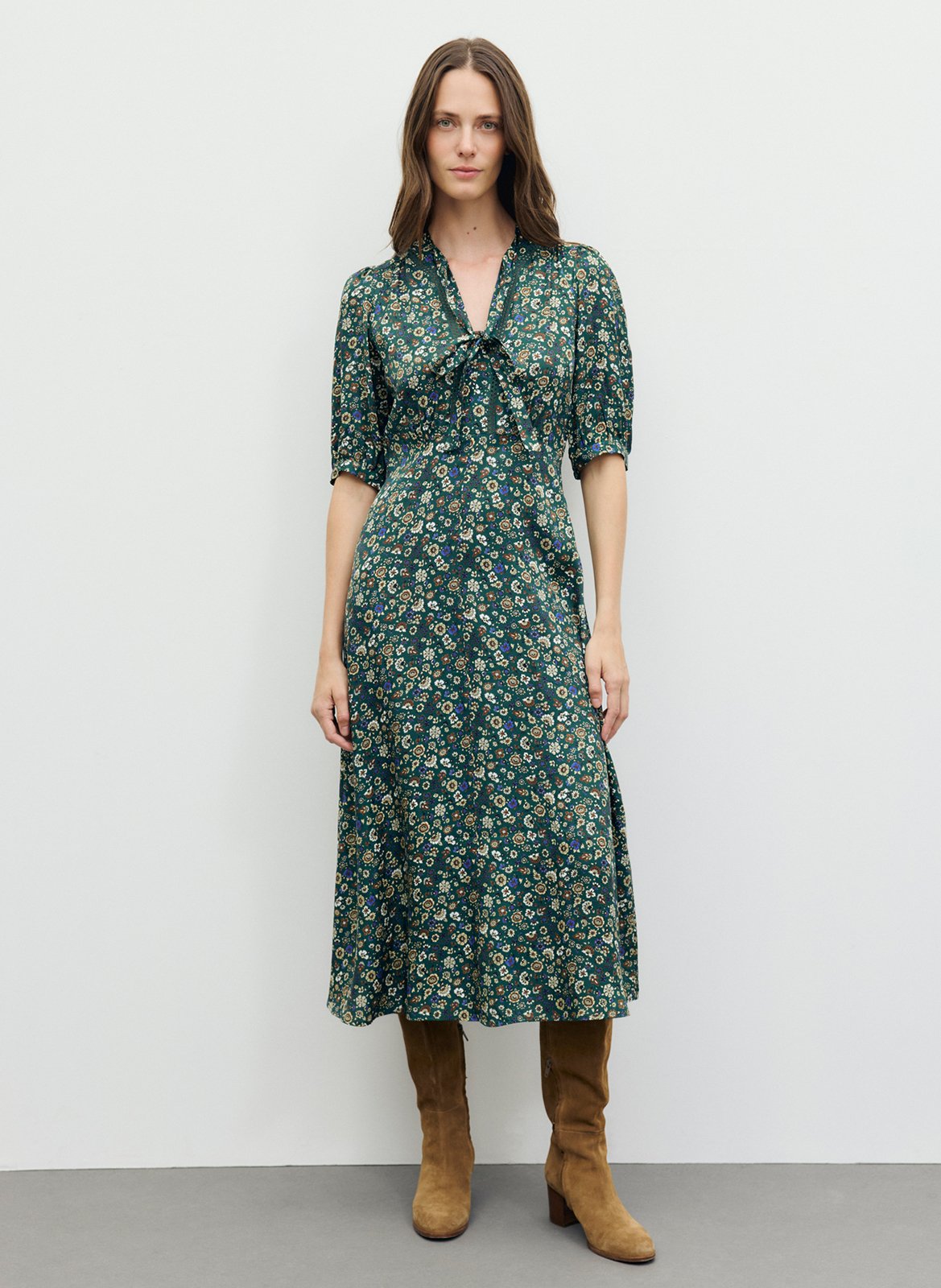 Fitted V-neck printed dress GERARD DAREL Green