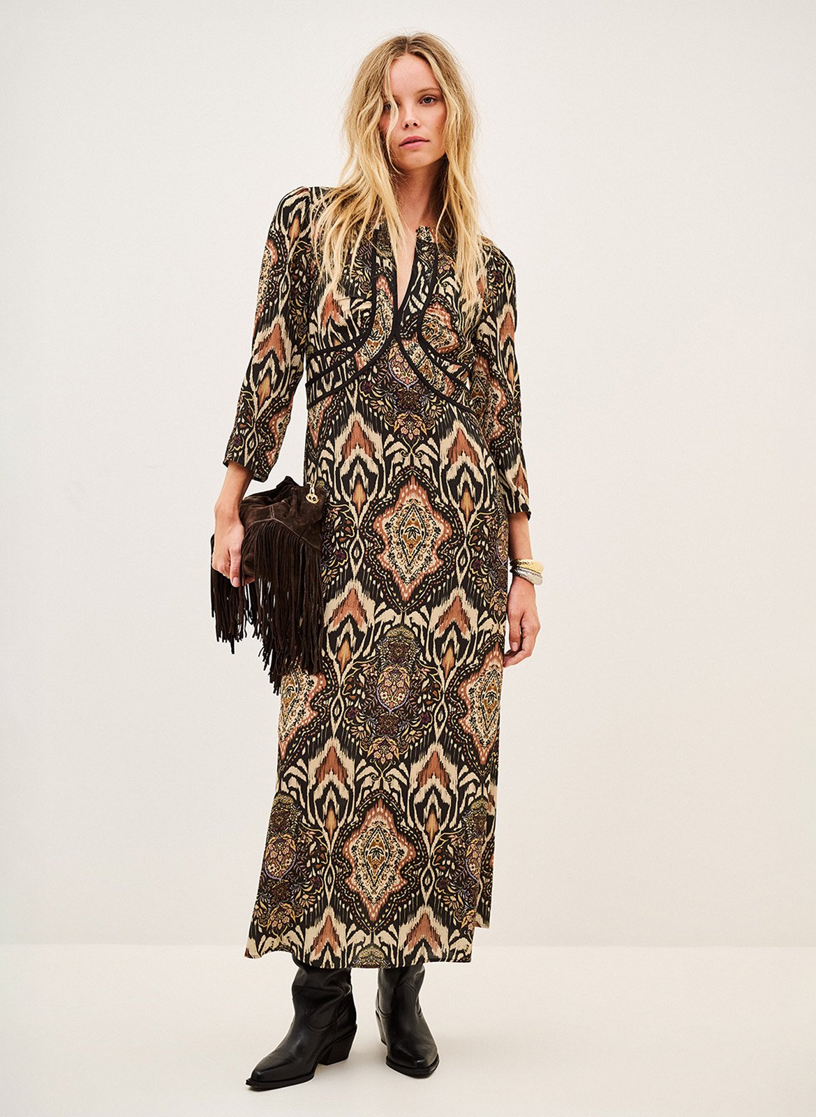 Lange jurk met Tunesische kraag en print BA&SH Zwart