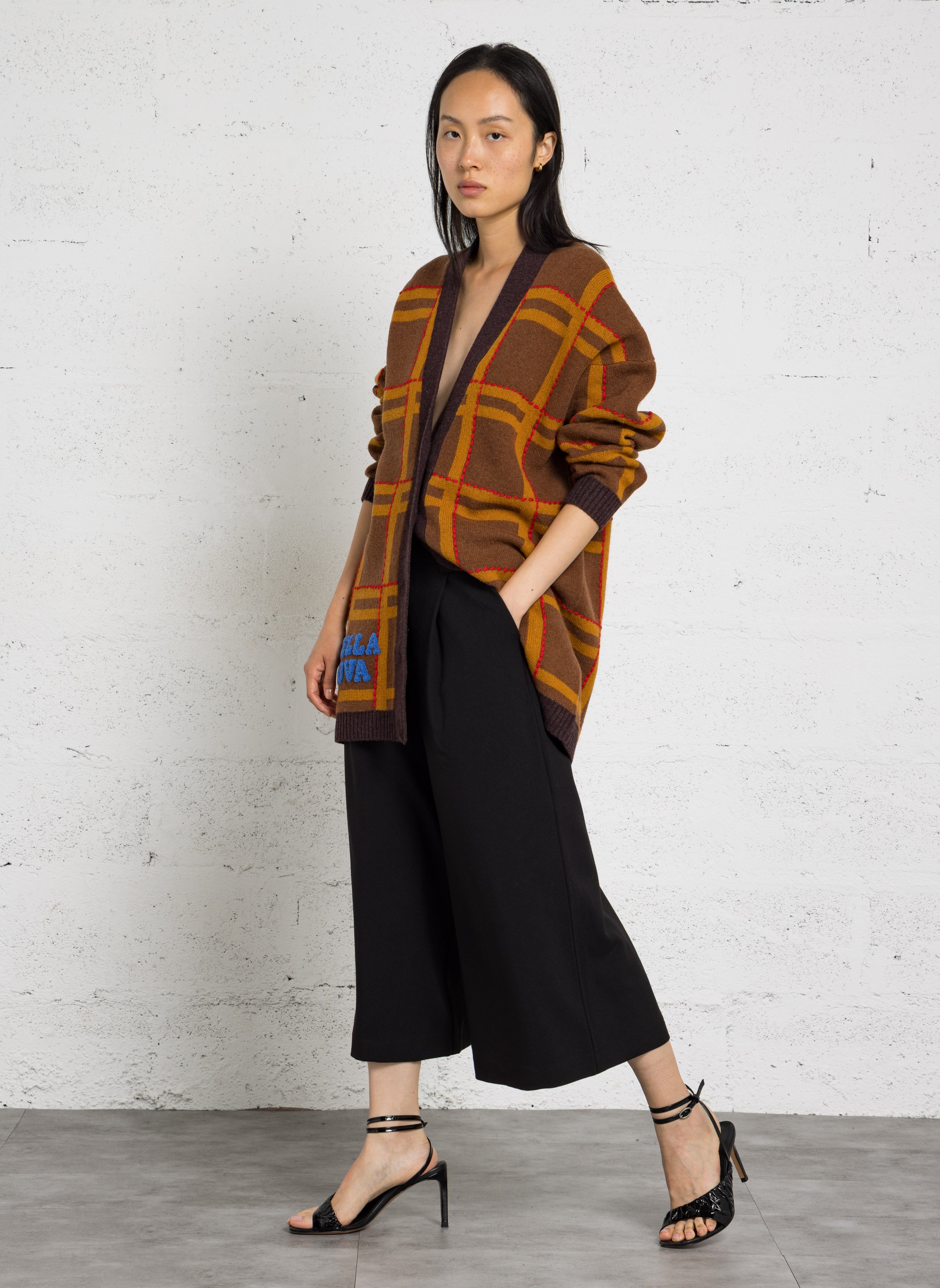 Cardigan oversize col v brodé en laine mélangée STELLA NOVA Marron
