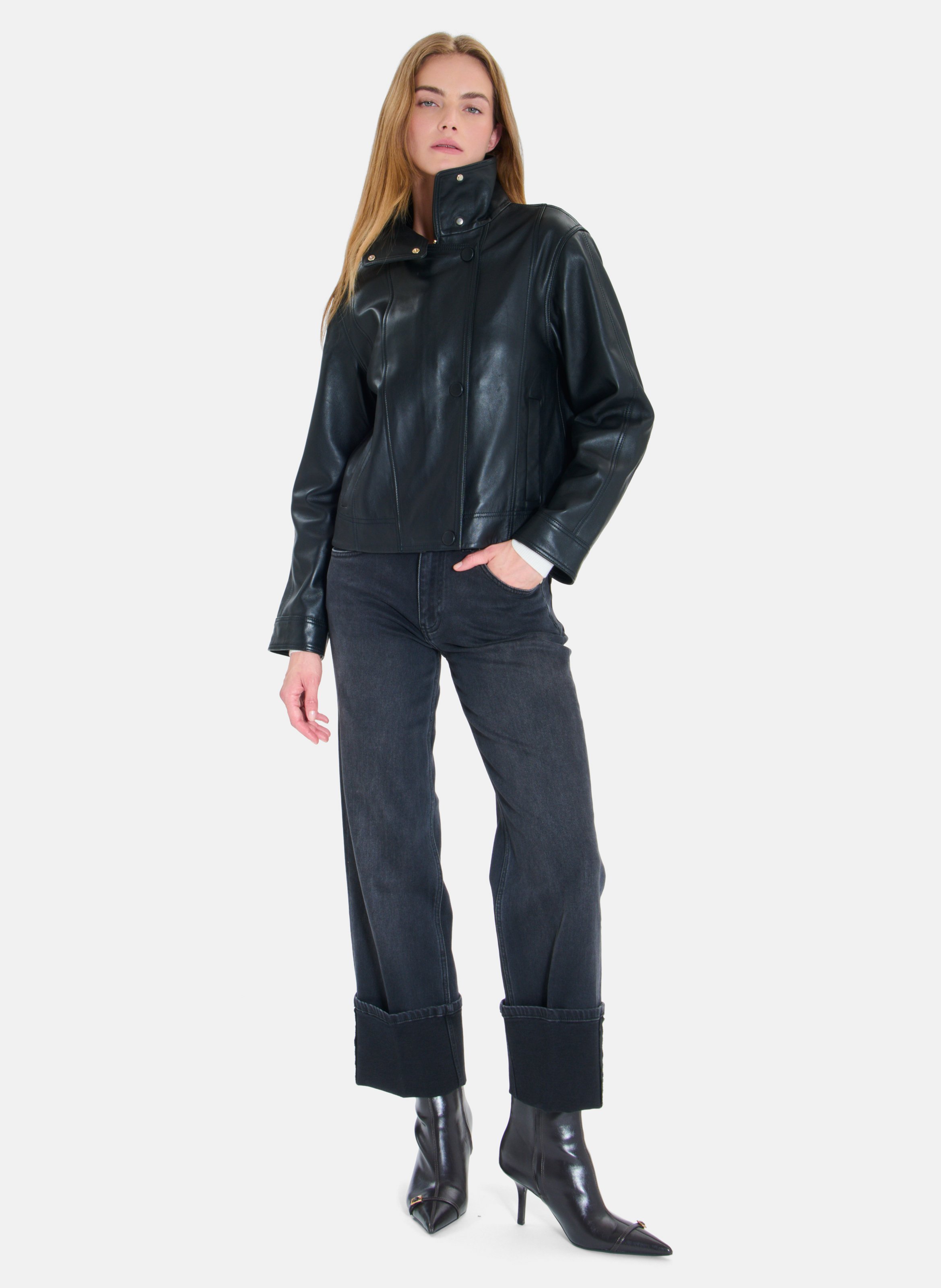 Veste droite col montant en cuir ZAPA Noir