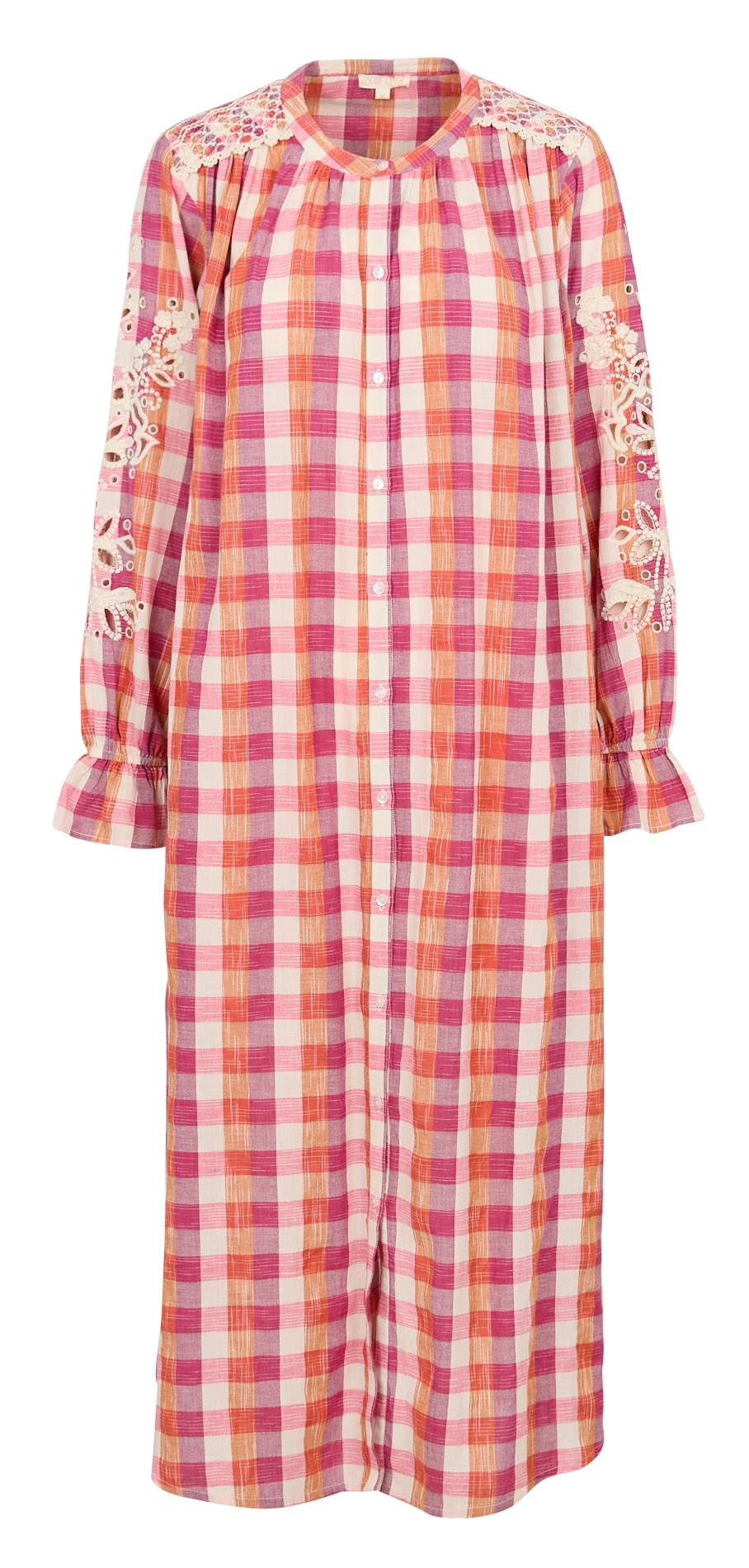 Kariertes Midikleid mit Rundhalsausschnitt Beige