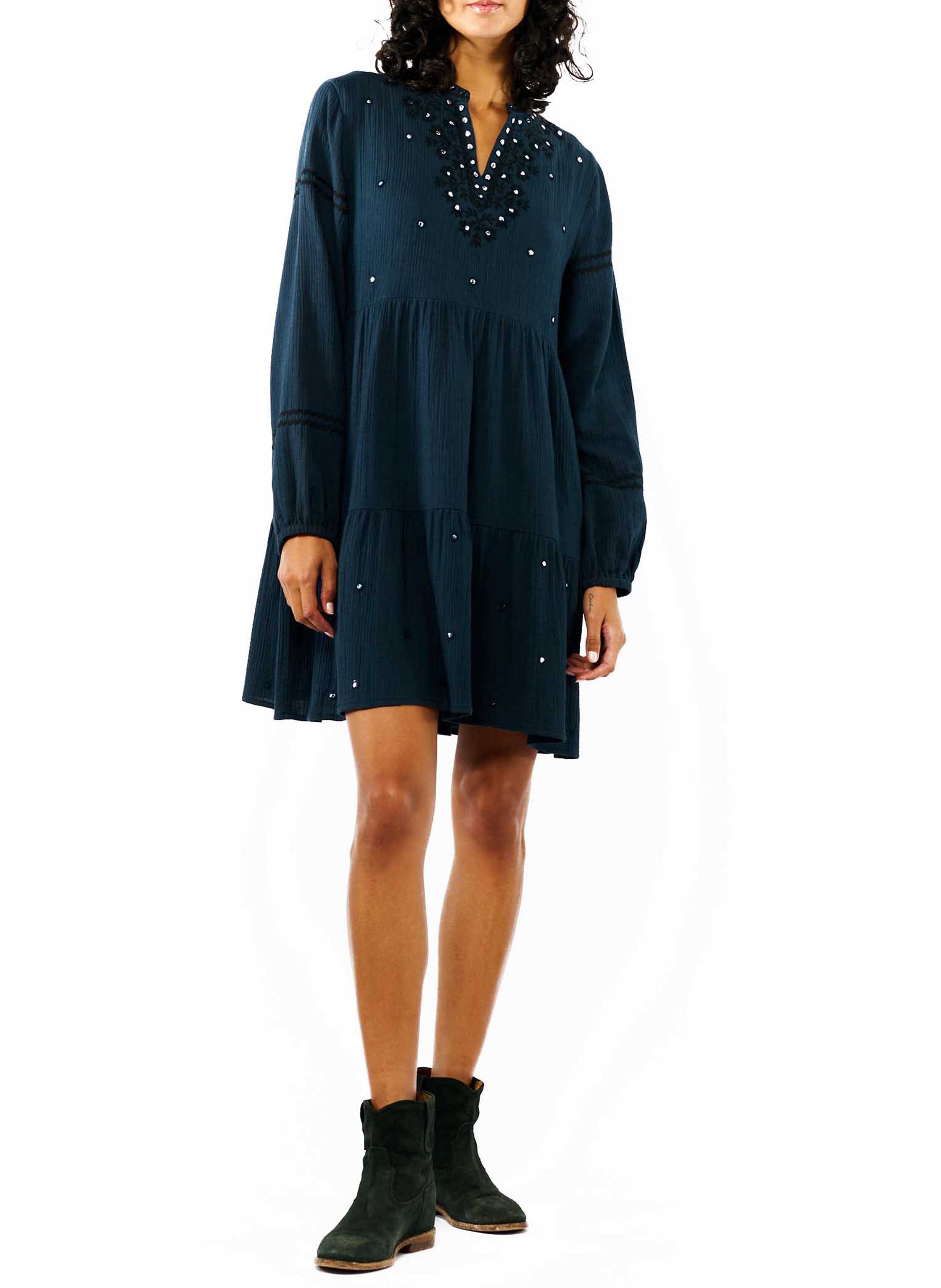 Short embroidered cotton henley dress WILD Blue