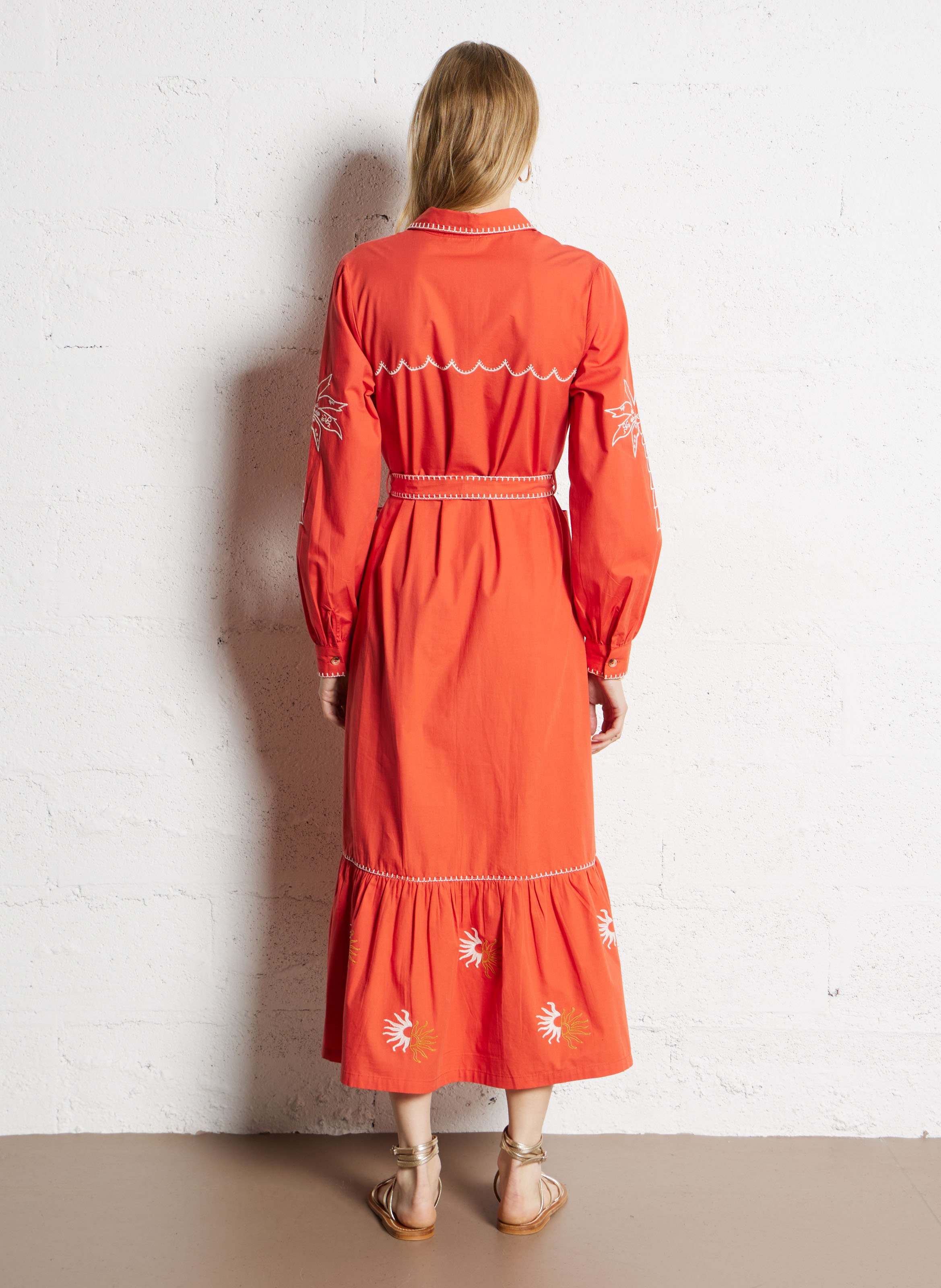 Embroidered straight belted shirt dress NEVER FULLY DRESSED Red