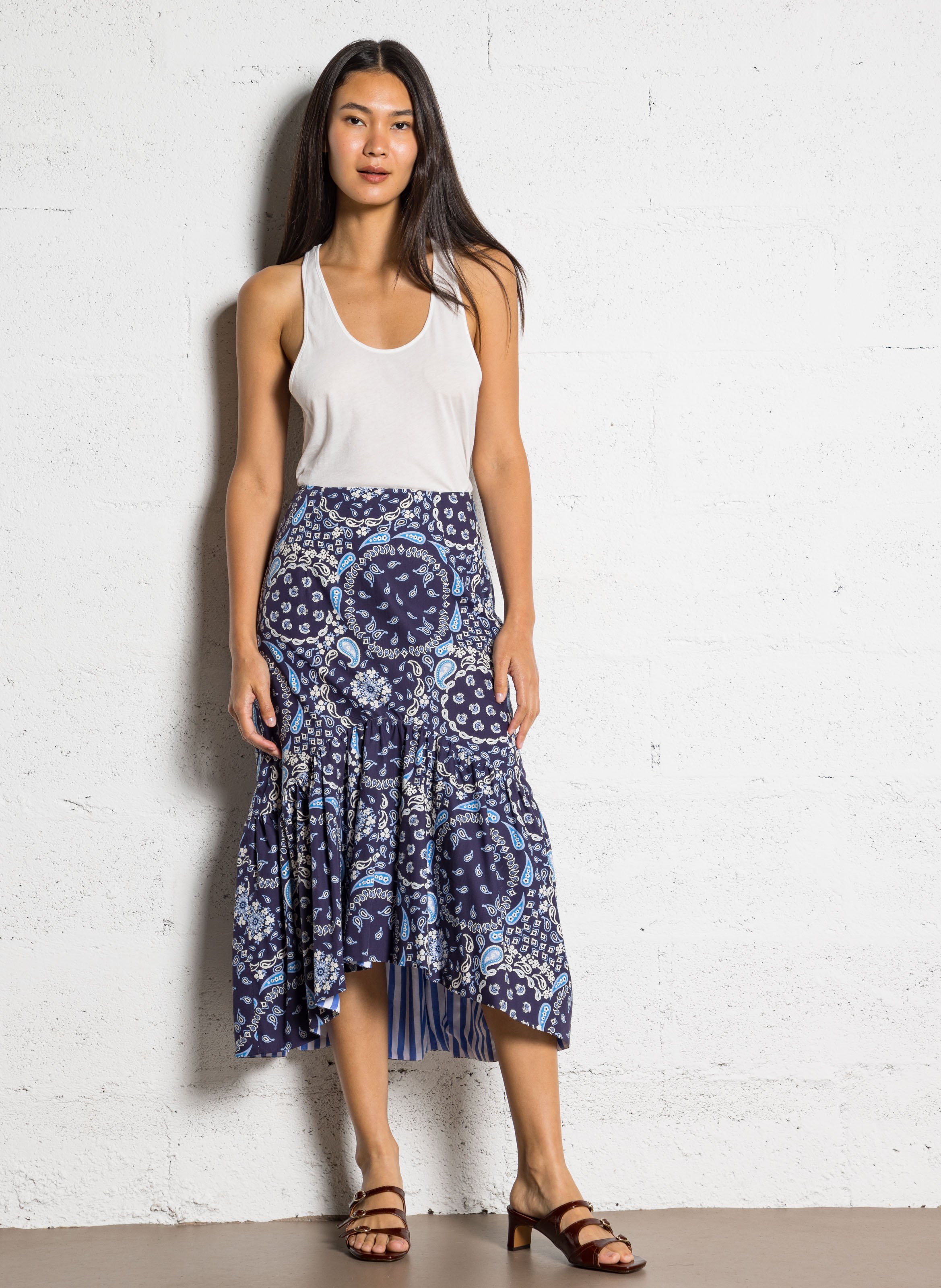 Ruched Midi Skirt in Bandana Print SOPHIE+LUCIE Blue