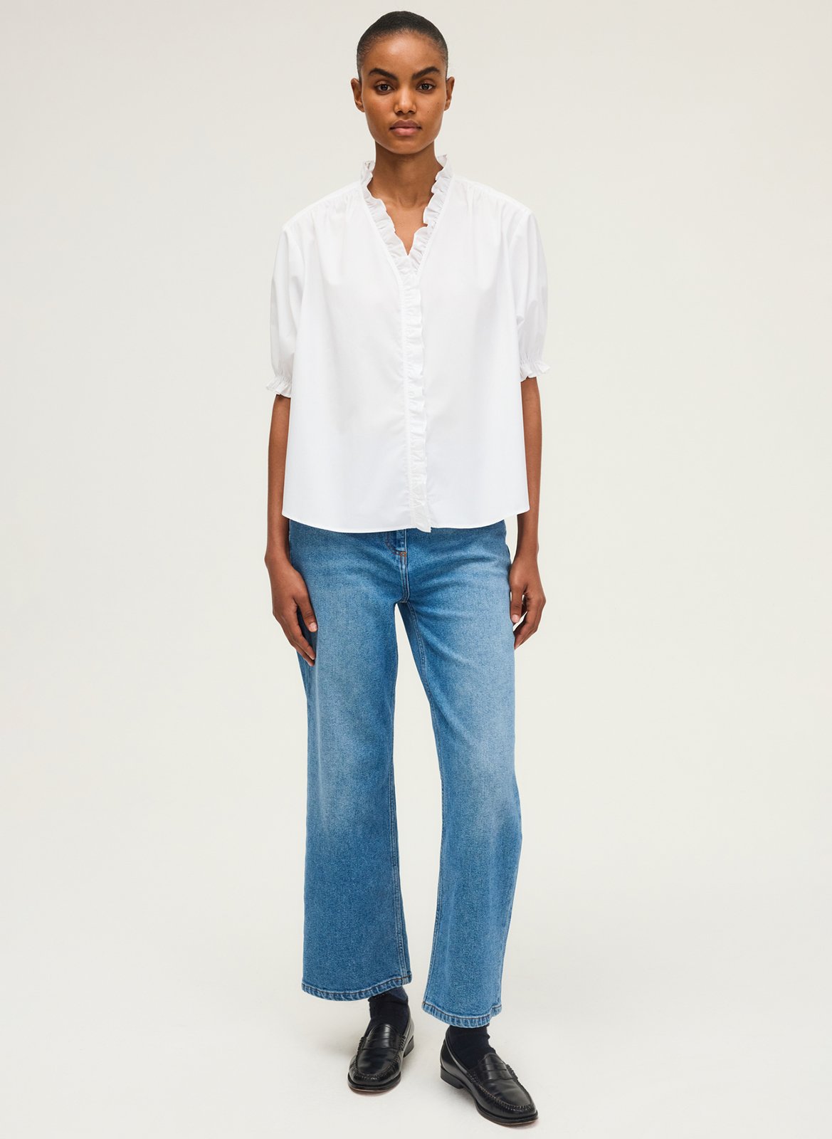 Blouse col V à volants unie en coton PABLO Blanc