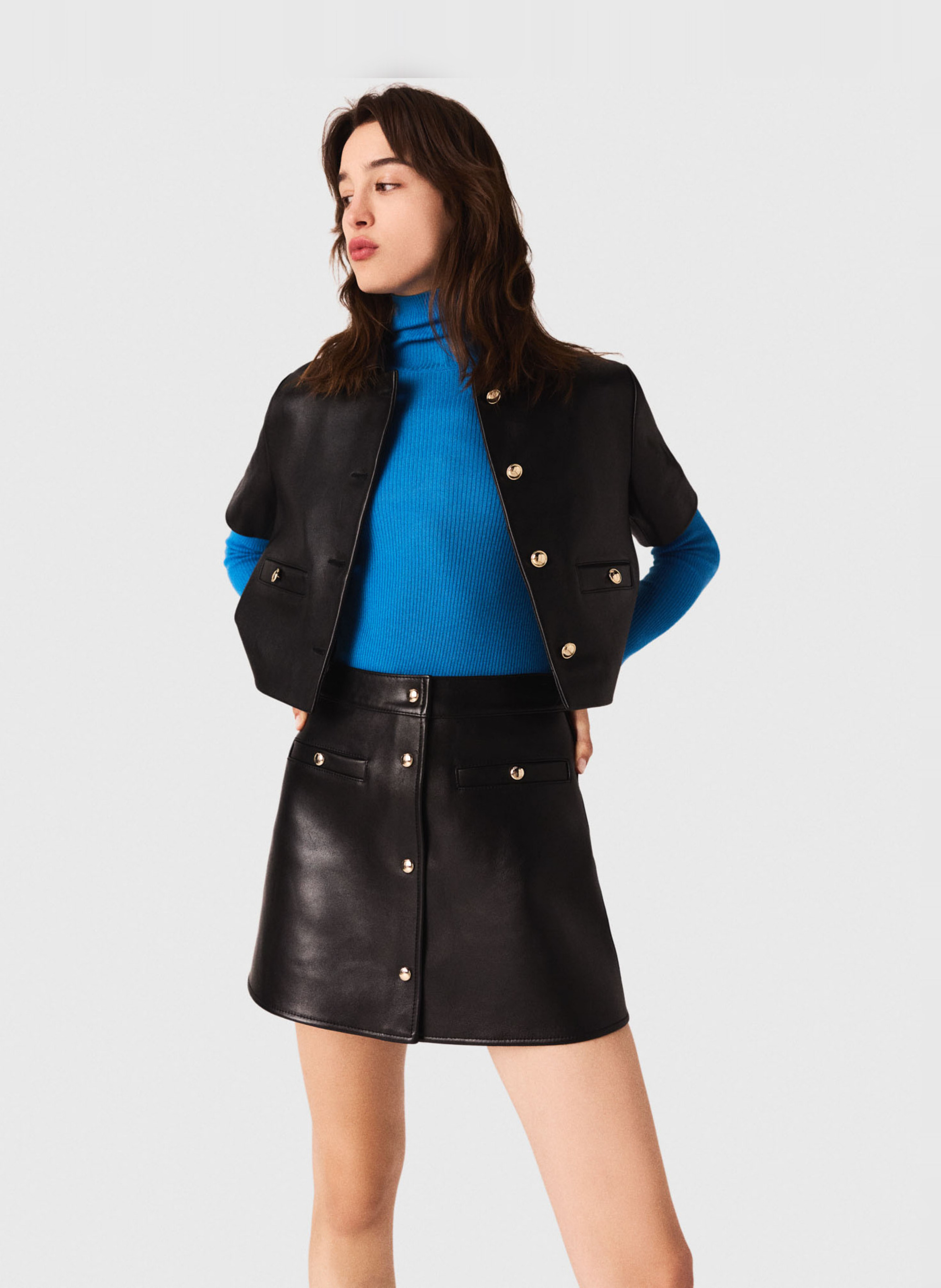 Veste droite en cuir MAJE Noir