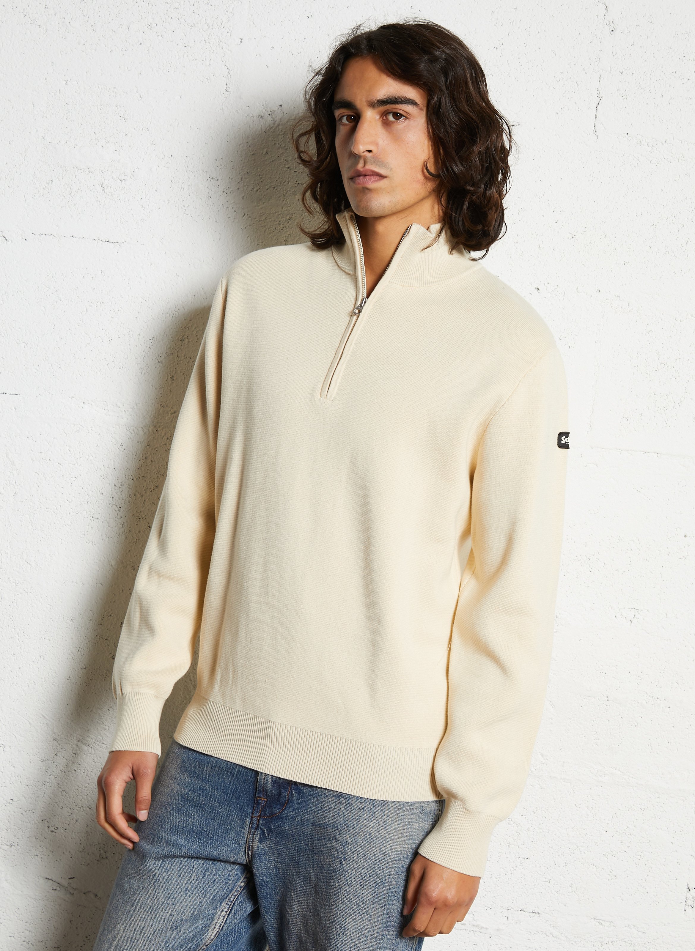 Straight cotton sweater with zip-up high neck SCHOTT White