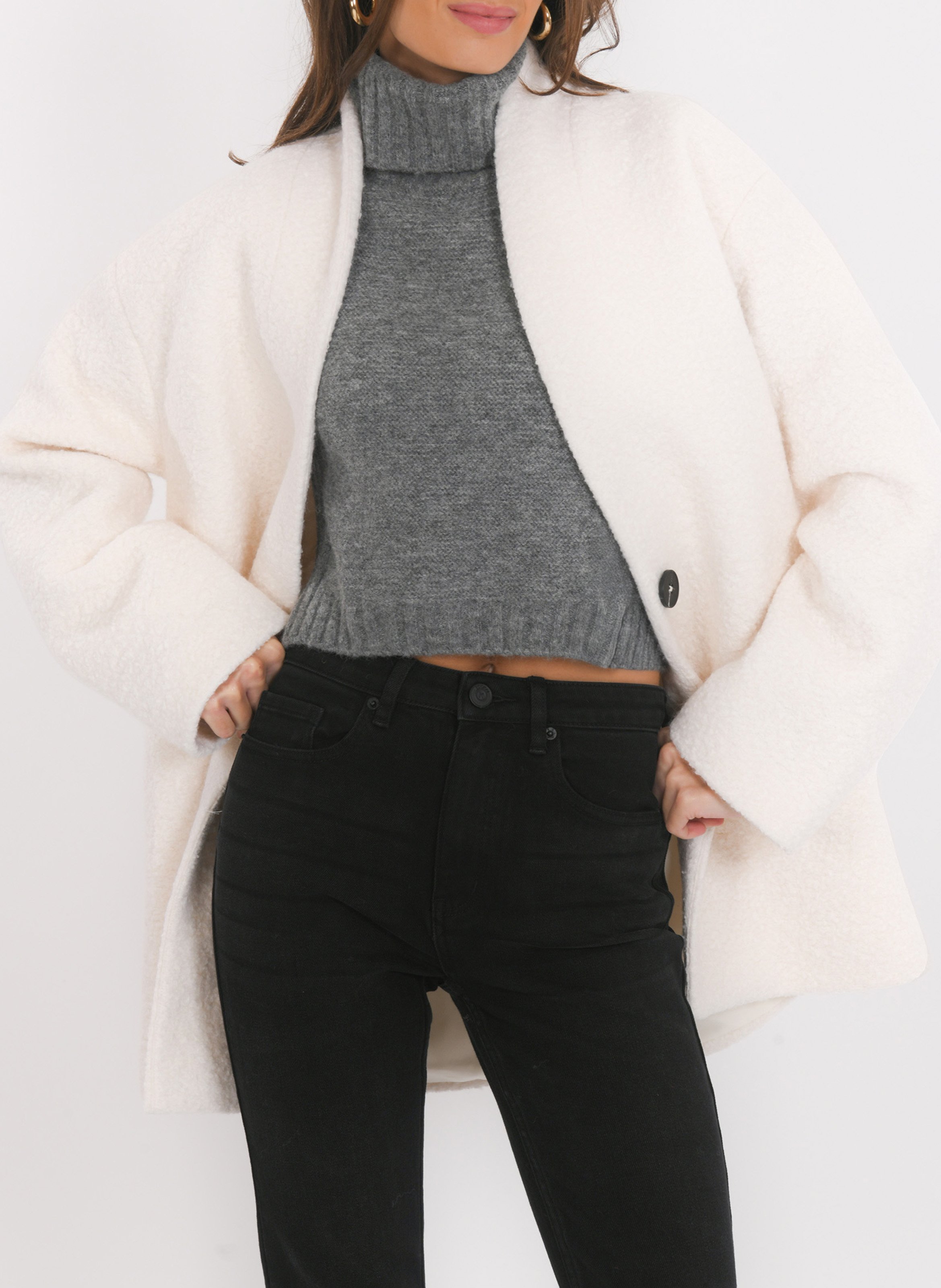 Manteau col v en laine mélangée KOOKAI Beige