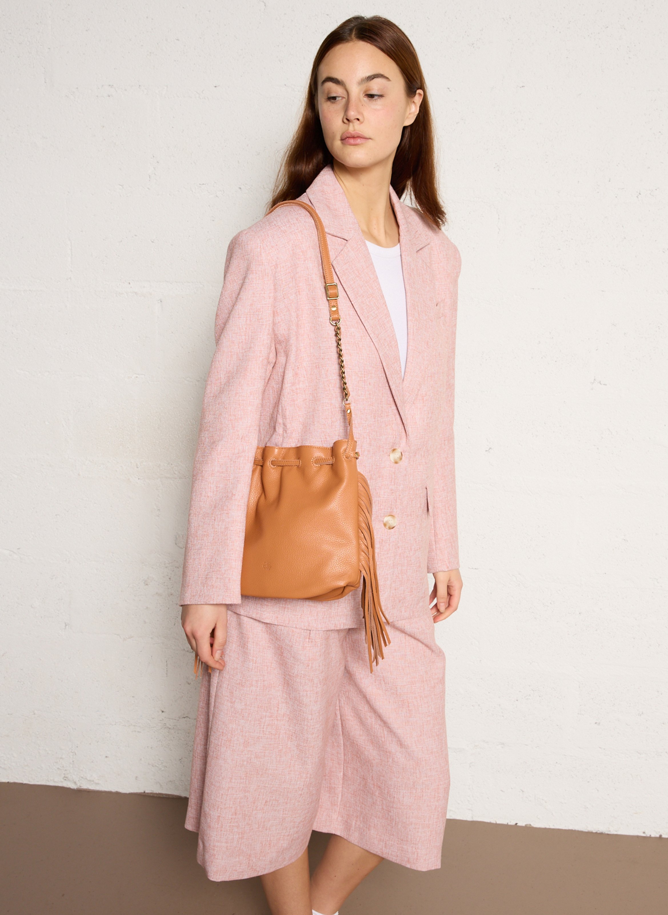 Schoudertas met franjes van generfd leer MILA LOUISE Bruin