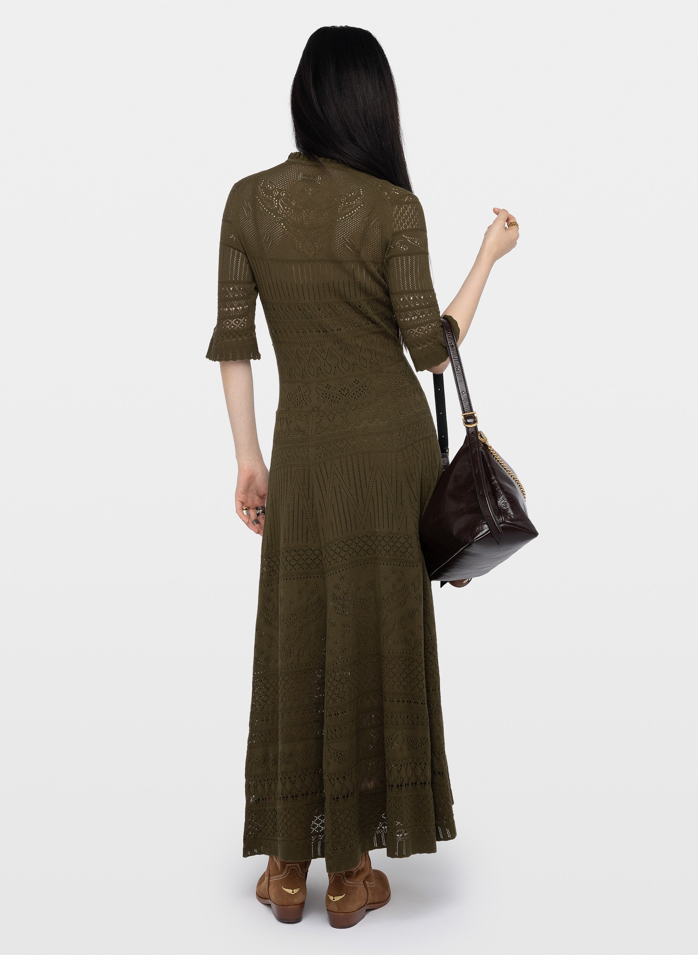 Lange, katoenen jurk met uitlopende rok en V-hals ZADIG&VOLTAIRE Groen