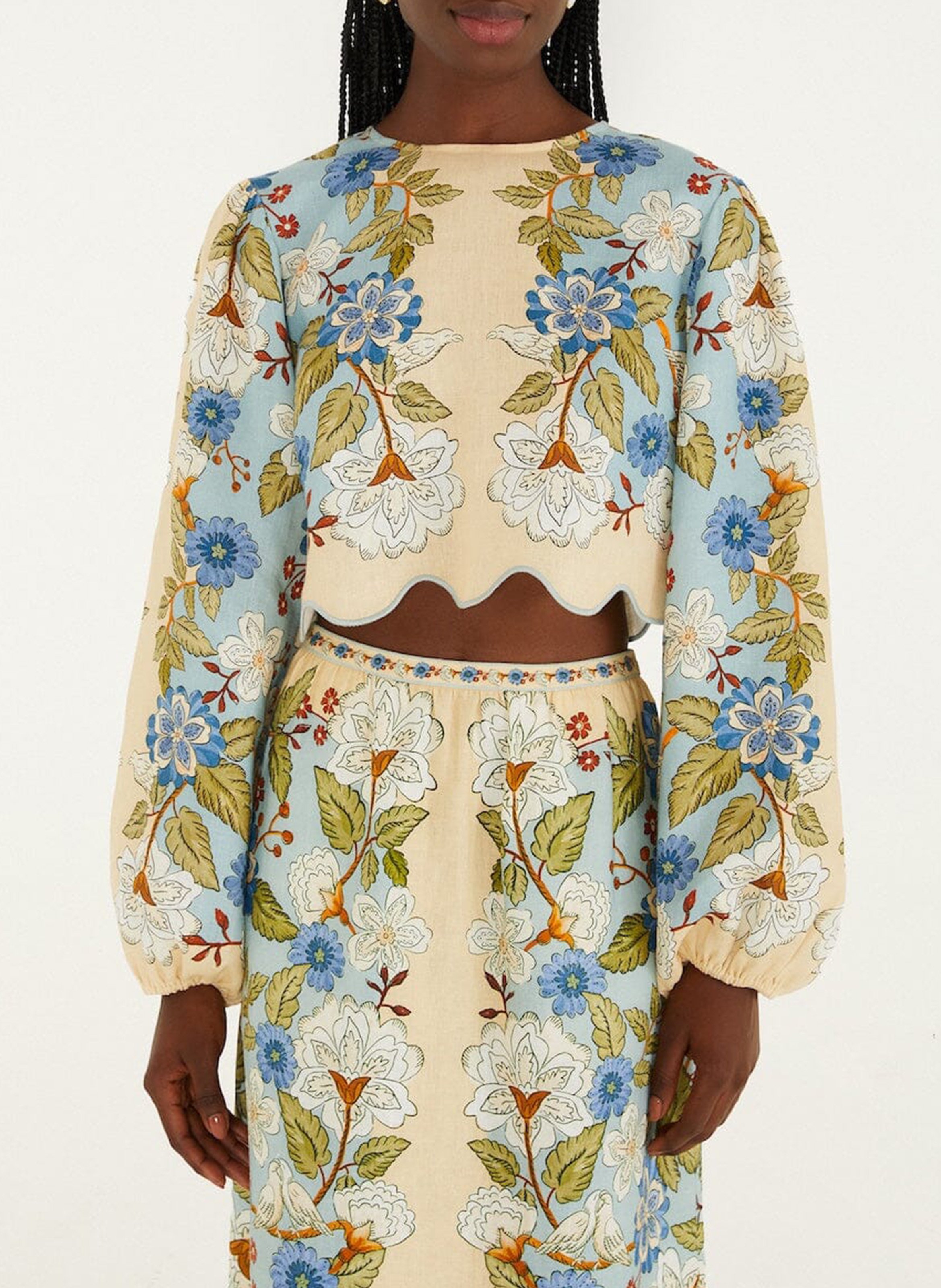 Top droit col rond en lin imprimé FARM RIO Bleu