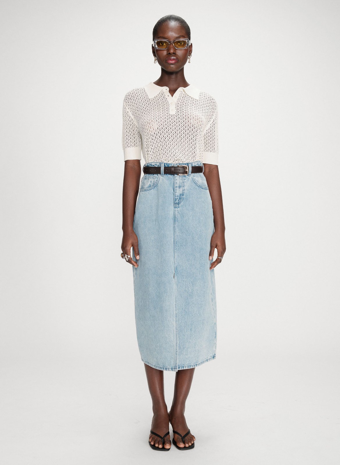 Jupe midi fendue en denim uni GRACE ET MILA Bleu