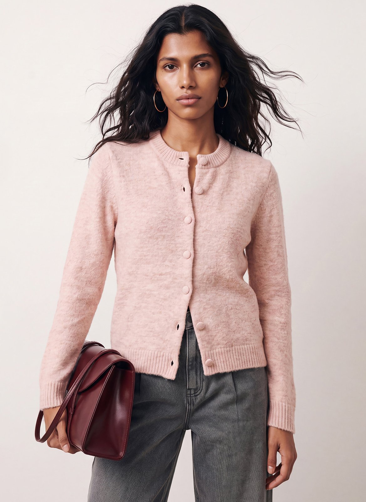 Gerade geschnittene Strickjacke mit Rundhalskragen KOOKAI Rosa