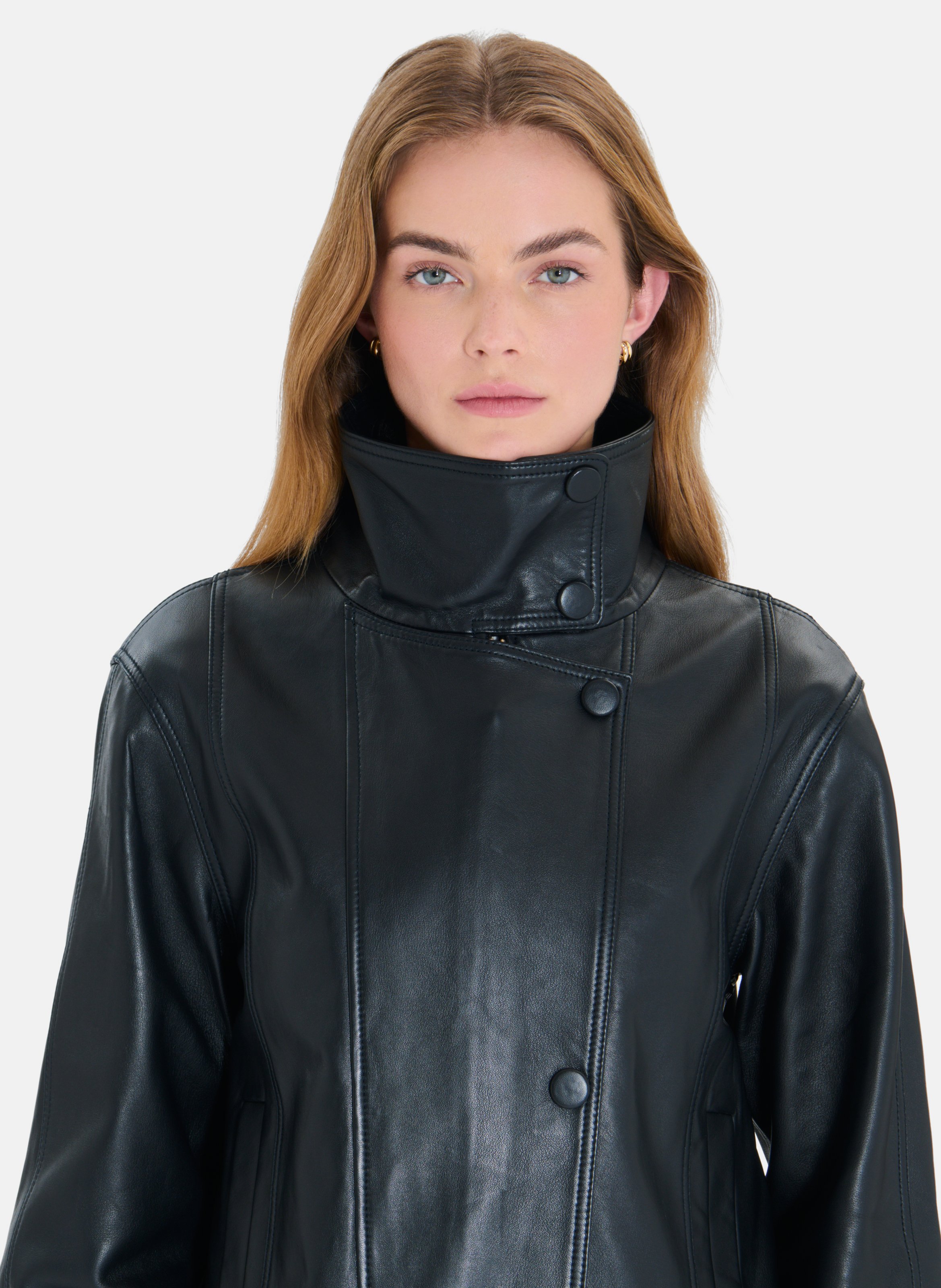 Veste droite col montant en cuir ZAPA Noir