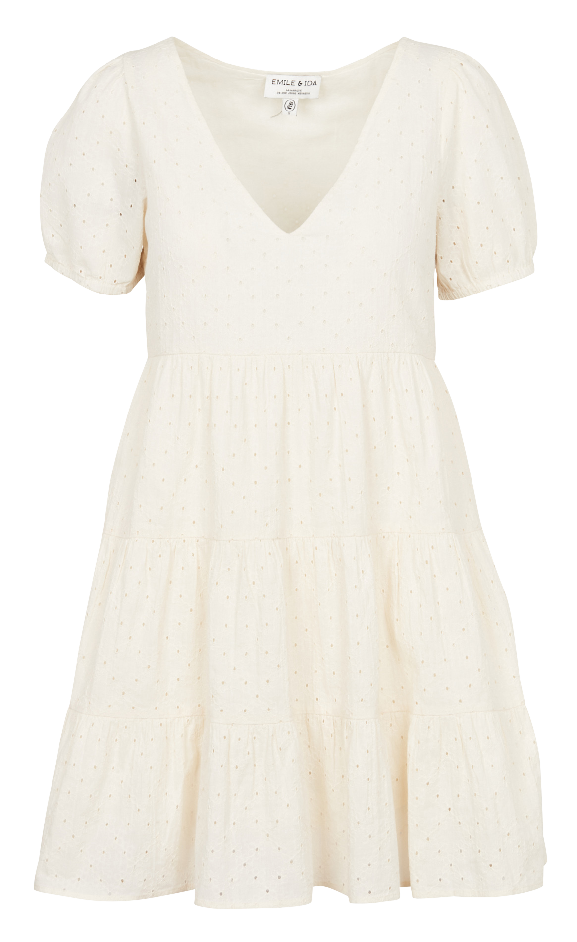 Ausgestelltes Baumwollkleid mit V-Ausschnitt und Stickerei EMILE ET IDA Weiss