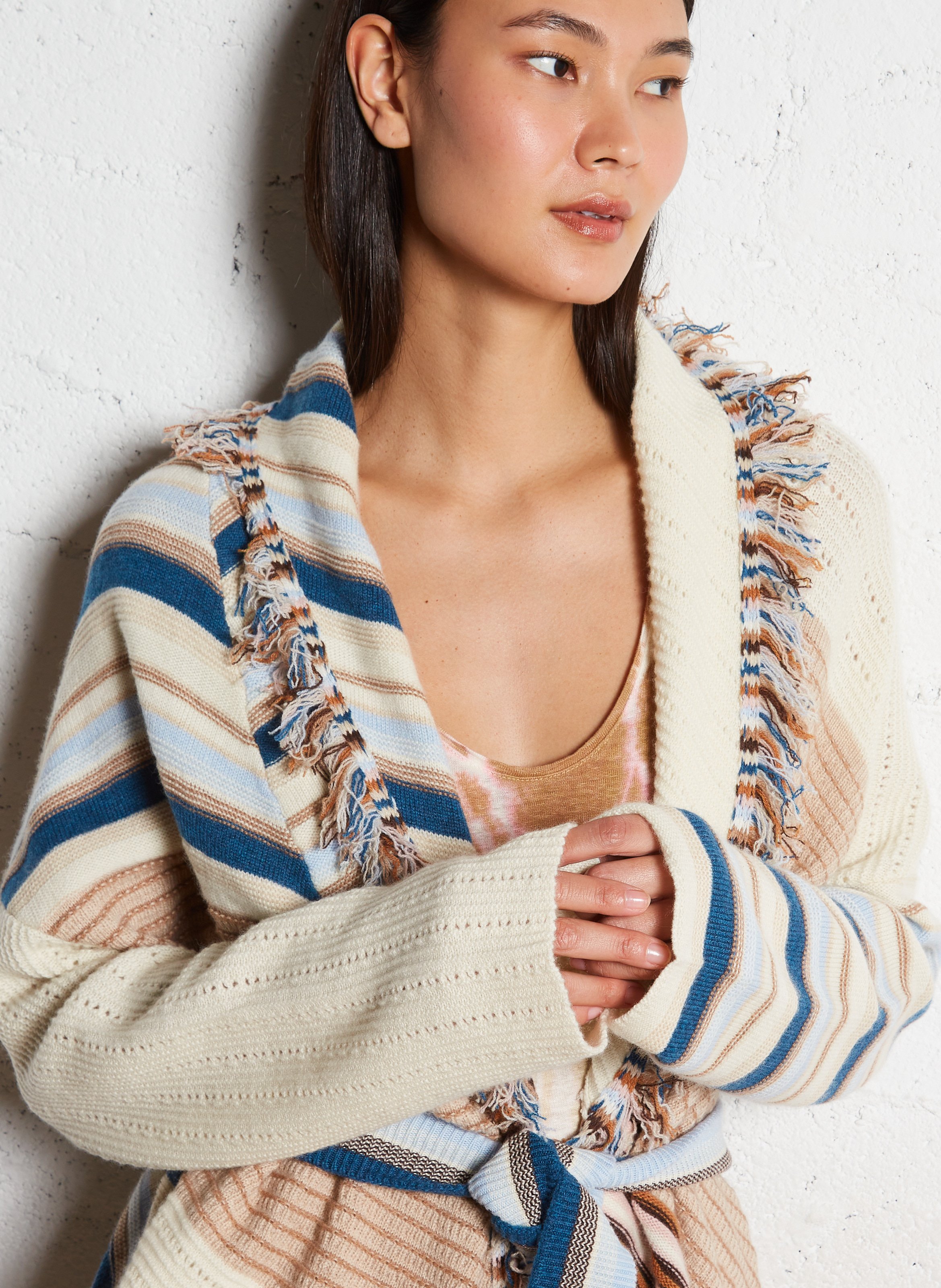 Veste ceinturée à rayures en cachemire Blanc