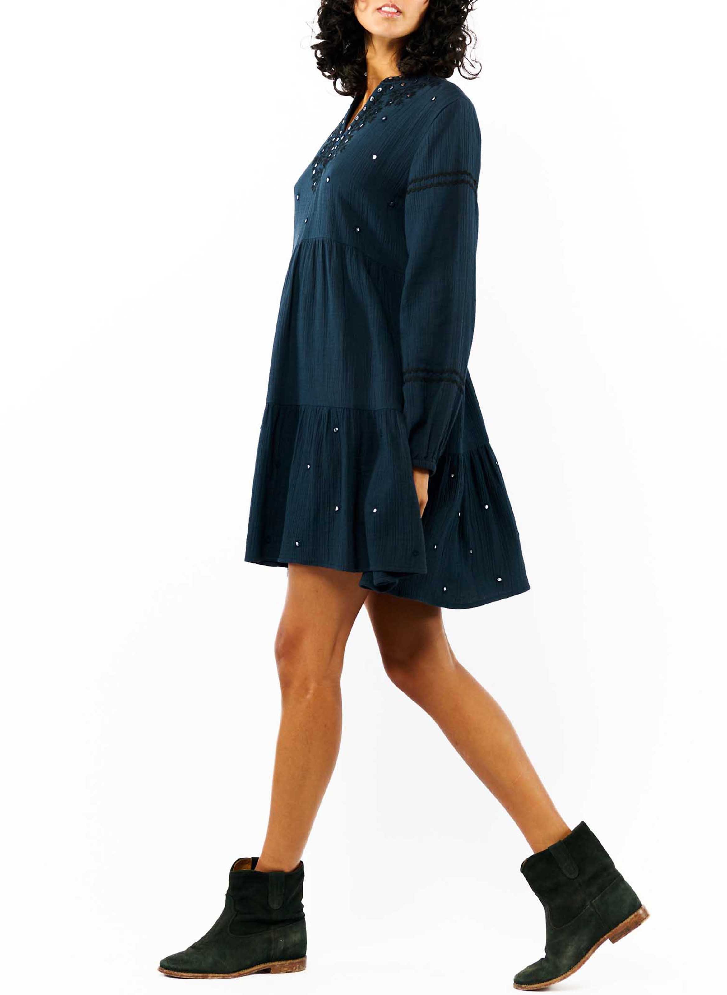 Short embroidered cotton henley dress WILD Blue