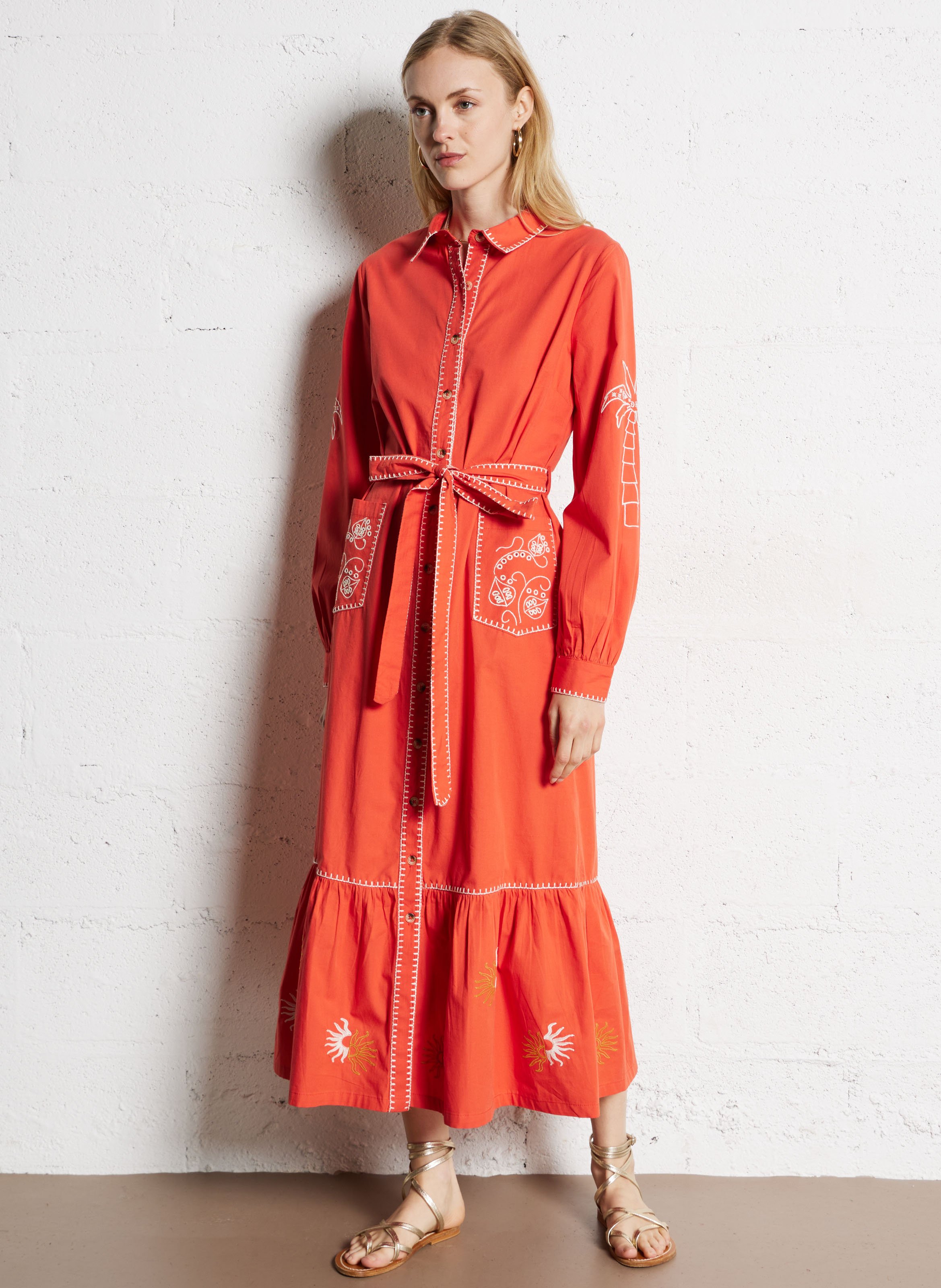 Embroidered straight belted shirt dress NEVER FULLY DRESSED Red