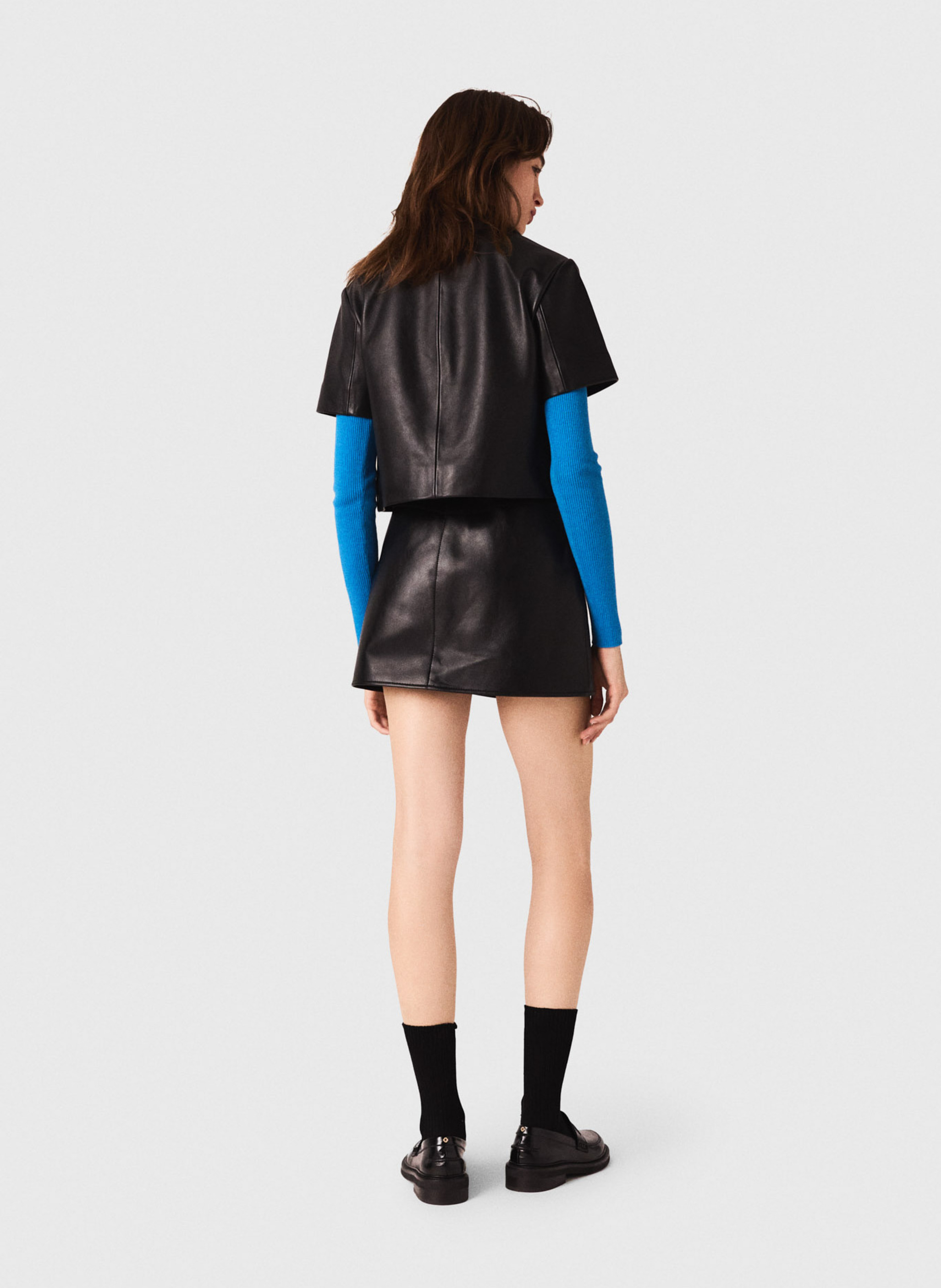 Veste droite en cuir MAJE Noir