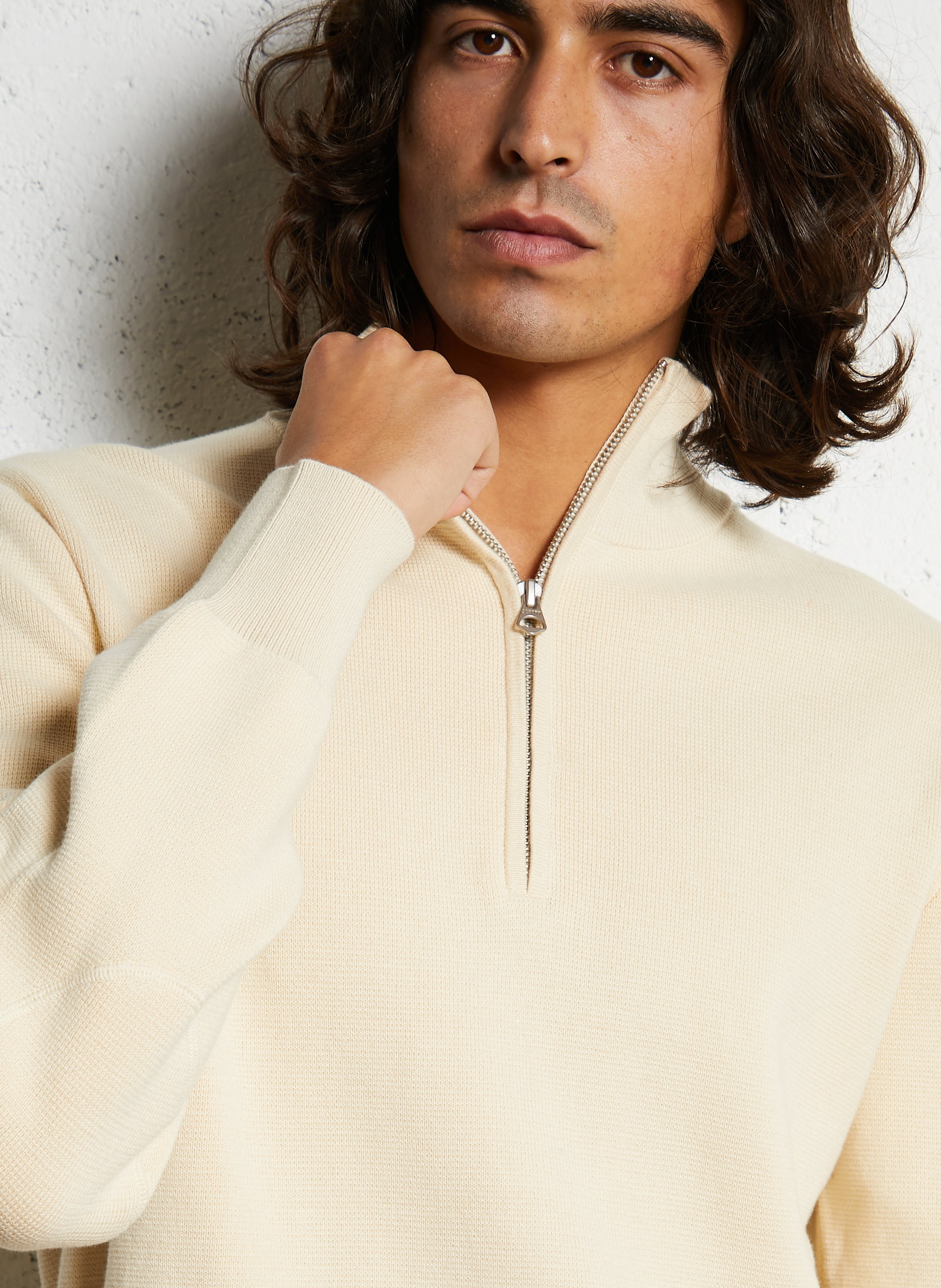 Straight cotton sweater with zip-up high neck SCHOTT White