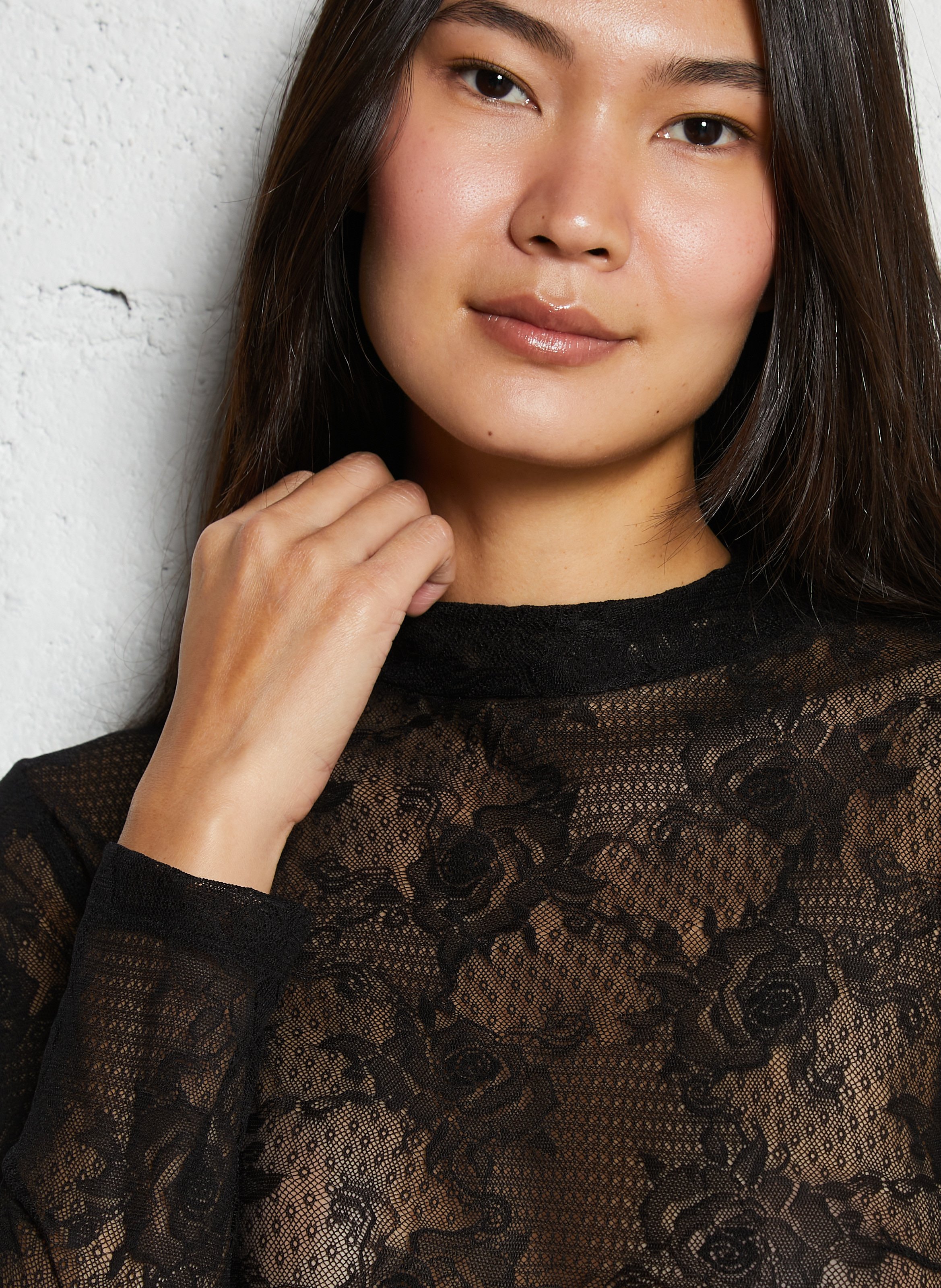 Kanten body met lange mouwen LA NOUVELLE Zwart